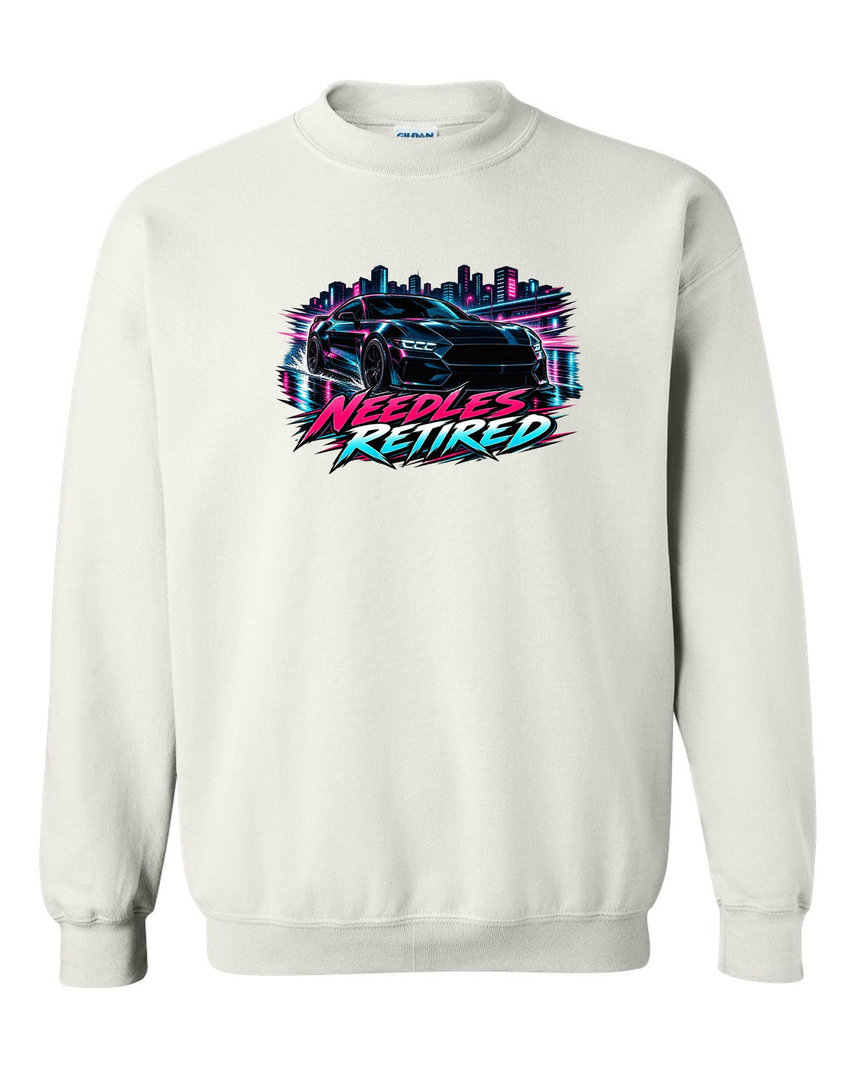 Cel-shaded anime night touge print of a 2024 S650 Mustang coupe with Needles Retired text white crewneck front view with the design