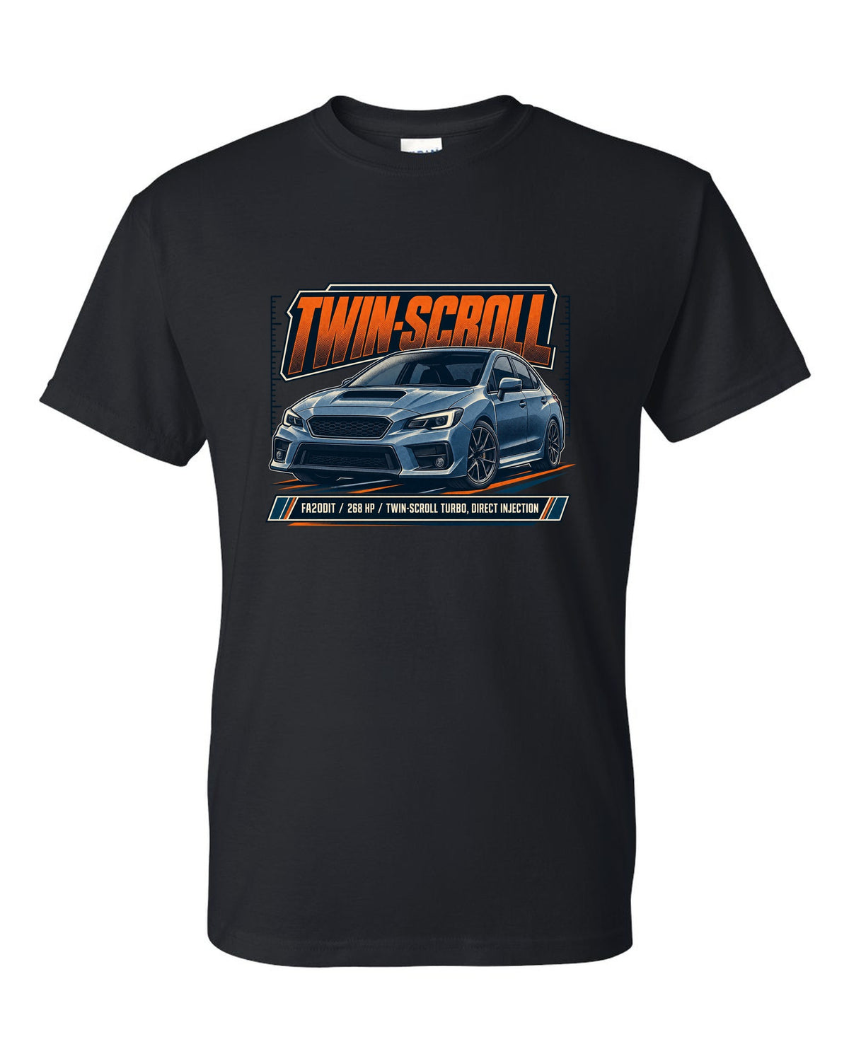 Subaru WRX VA sedan front three-quarter halftone design black t-shirt front view with the design