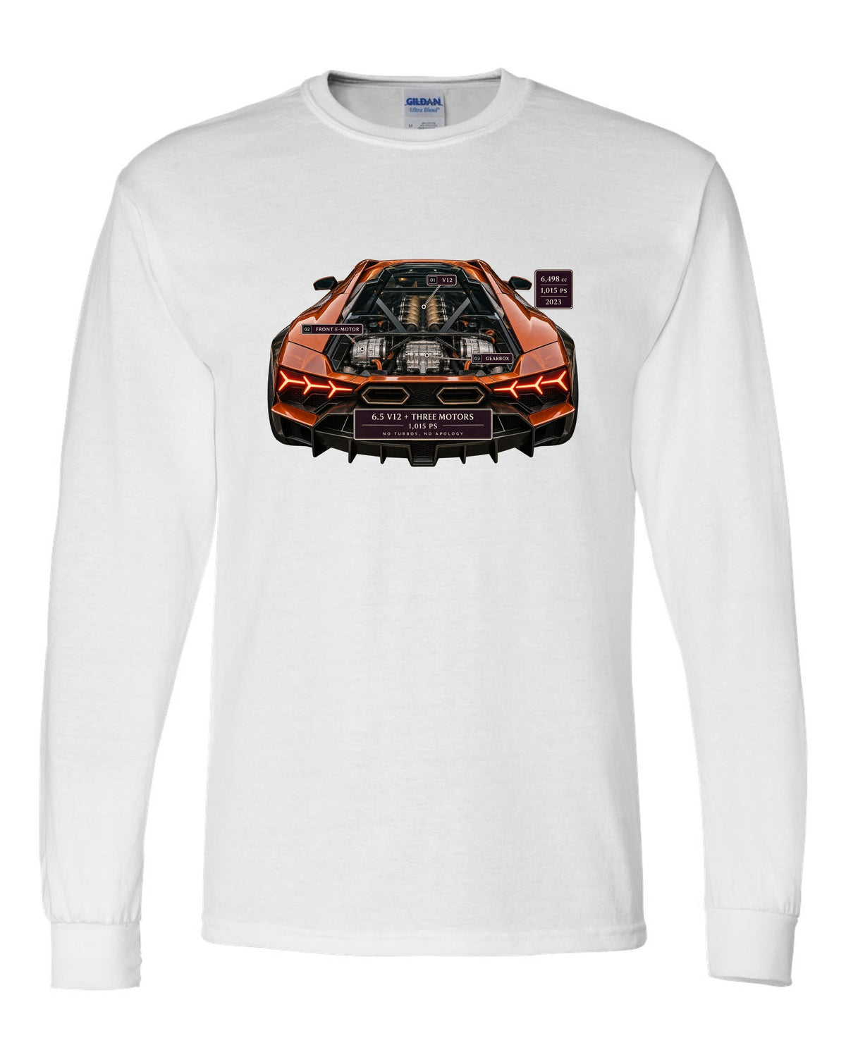 Engine hero print of a burnt orange Lamborghini Revuelto V12 white long sleeve front view with the design
