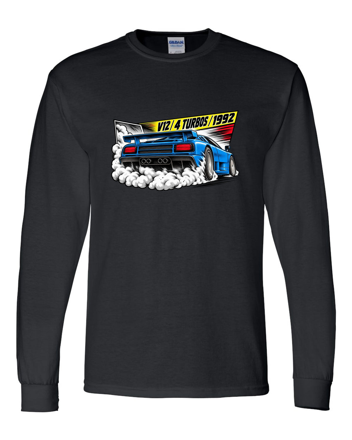 Retro manga halftone panel of a Bugatti EB110 SS burnout with V12 4 TURBOS 1992 lettering black long sleeve front view with the design