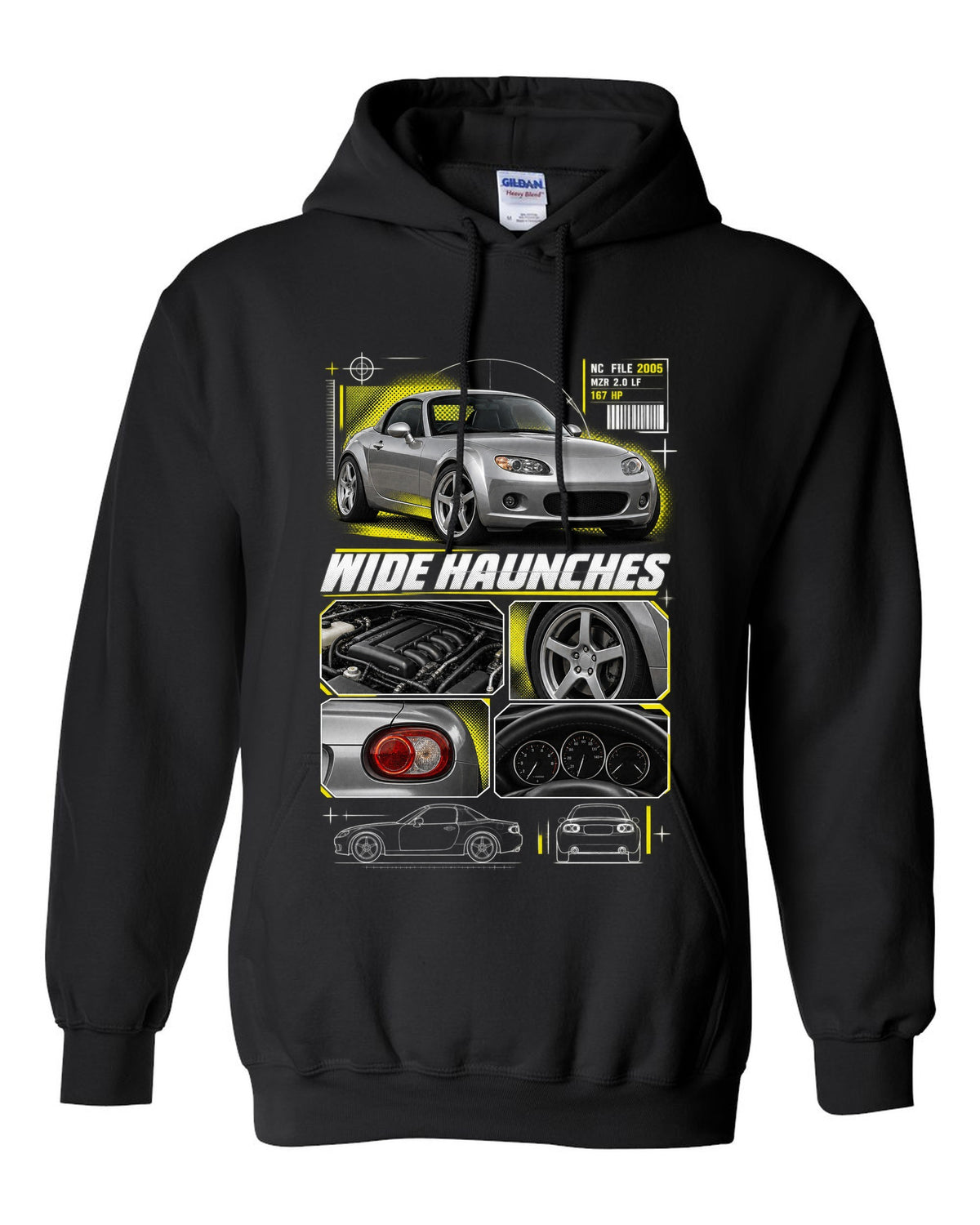 Dossier panels print for the Mazda MX-5 NC PRHT 2005-15 with MZR 2.0 LF and wide haunches black pull over hoodie front view with the design