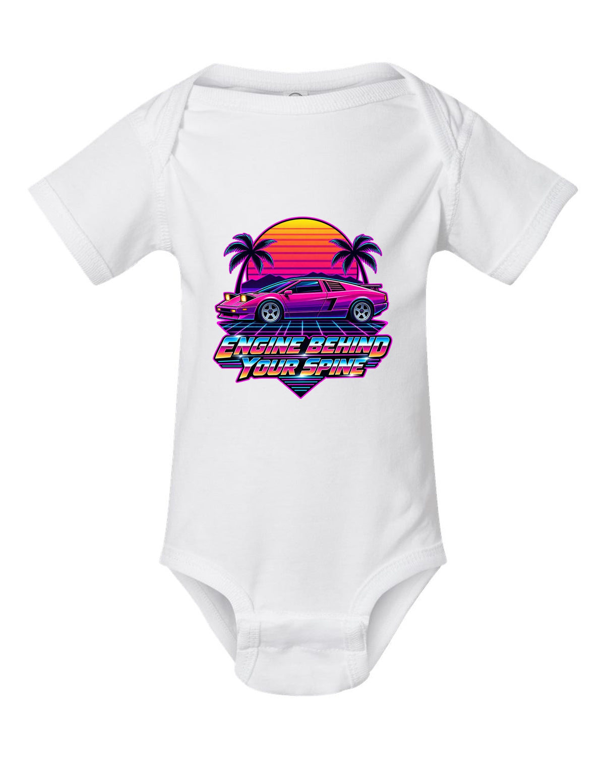 Synthwave sunset grid with a Toyota MR2 AW11 driving toward the horizon white baby onesie front view with the design