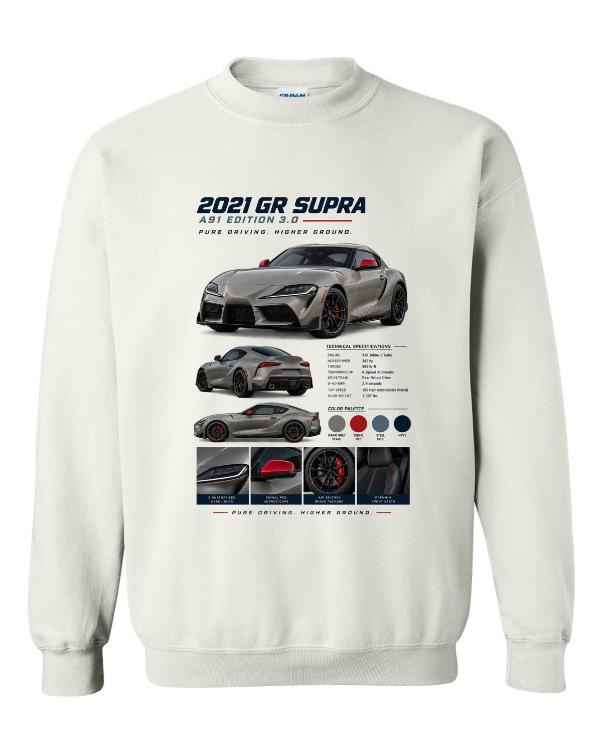 Dossier panel layout of the 2021 Toyota GR Supra A91 Edition in warm grey pearl with red mirror caps white crewneck front view with the design