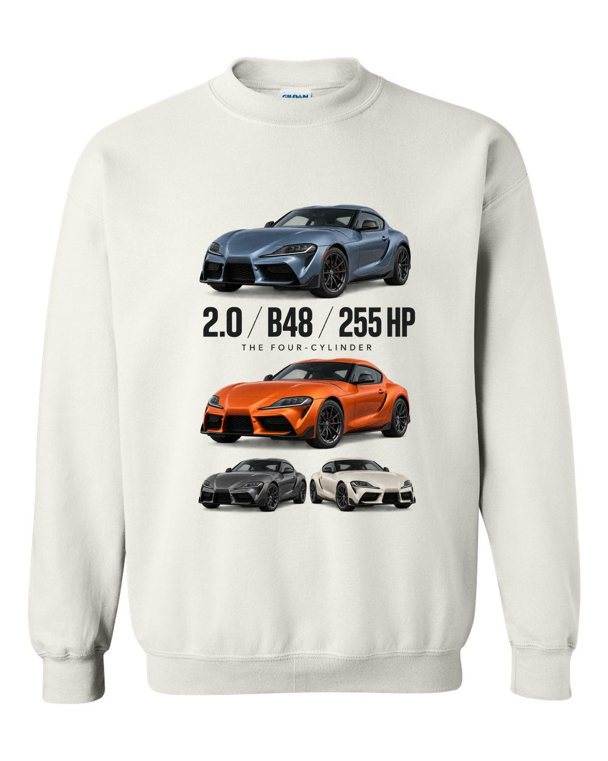 Steel blue Toyota GR Supra 2.0 spec poster with B48 and 255 HP text white crewneck front view with the design