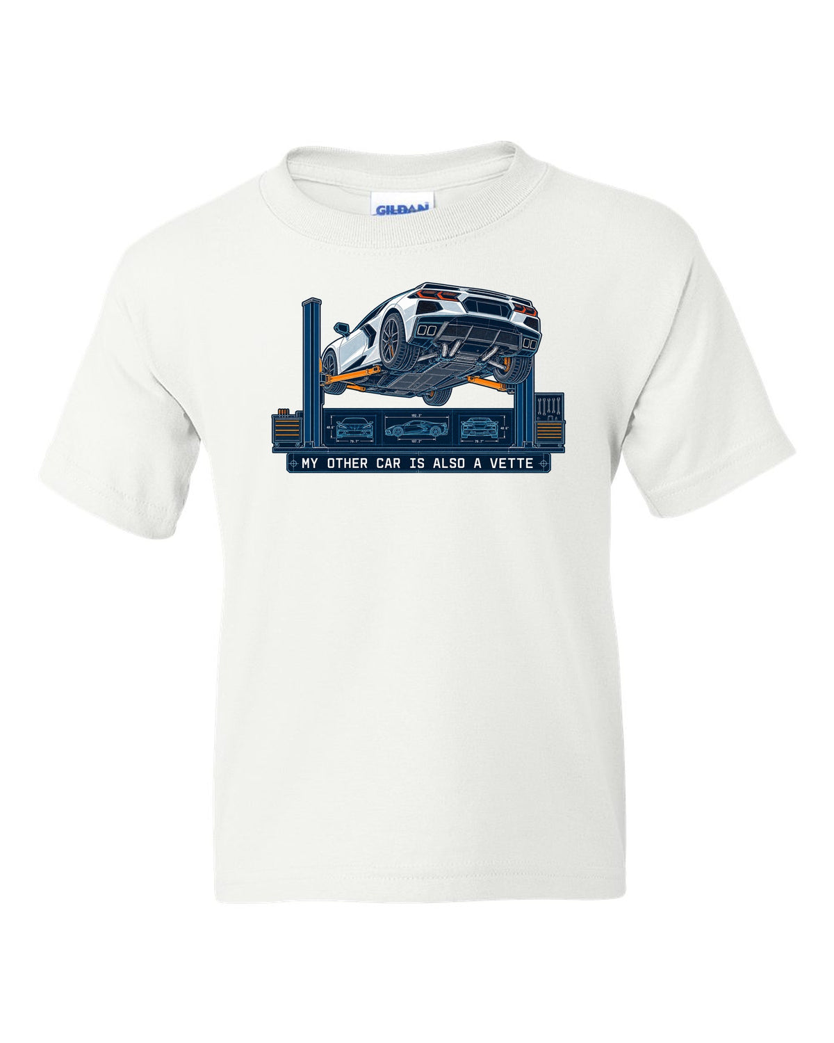 Blueprint line art of a 2020 Chevrolet Corvette C8 Stingray on a workshop lift white kids tee front view with the design