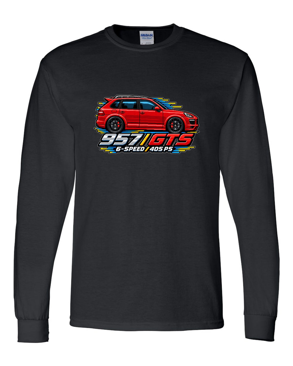 16-bit pixel art design of the Porsche Cayenne GTS 957 with 6-speed and 405 PS lettering black long sleeve front view with the design
