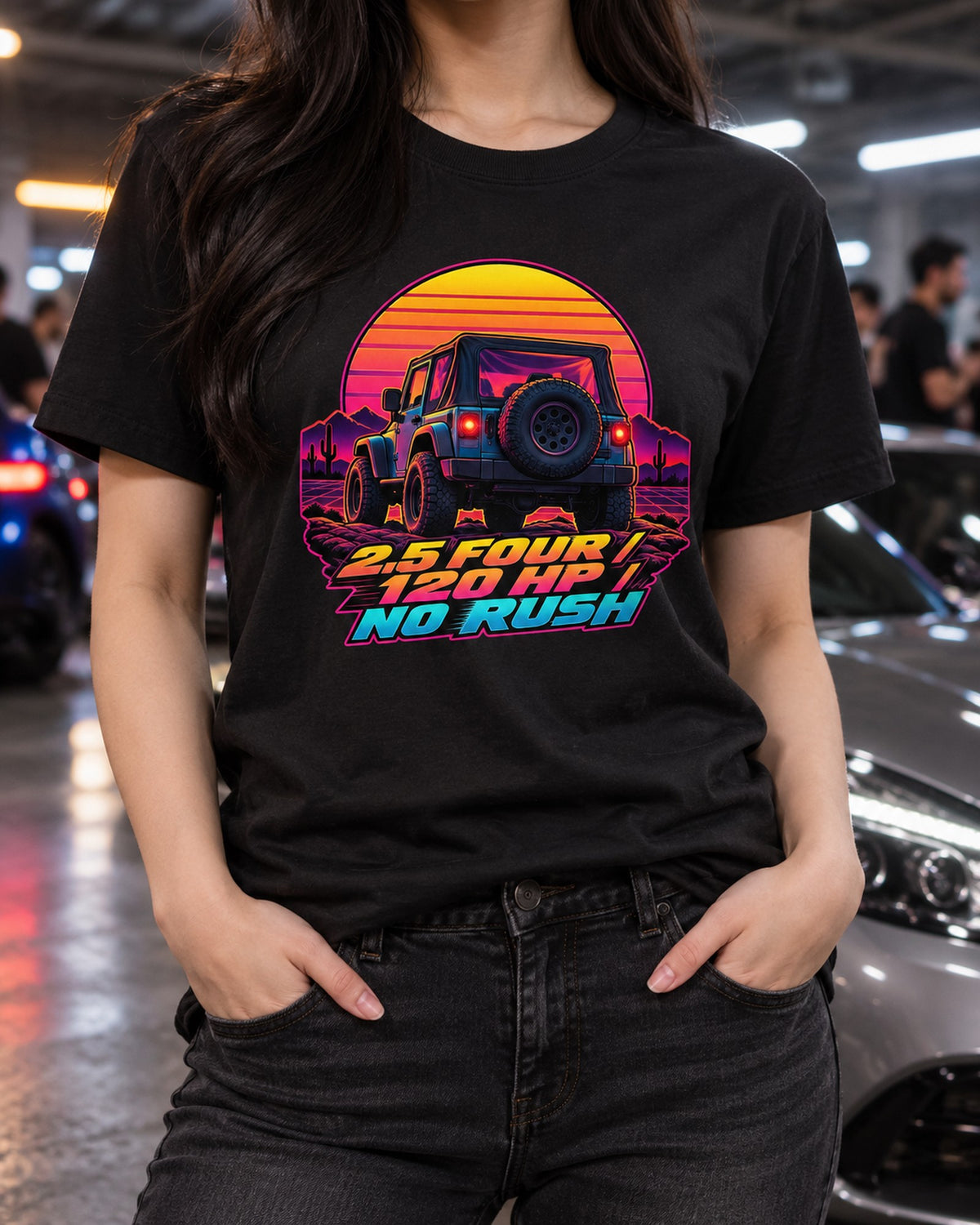 Jeep Wrangler TJ Sunset Tailgate Synthwave Tee, 2.5 Four T-Shirt Black worn hero