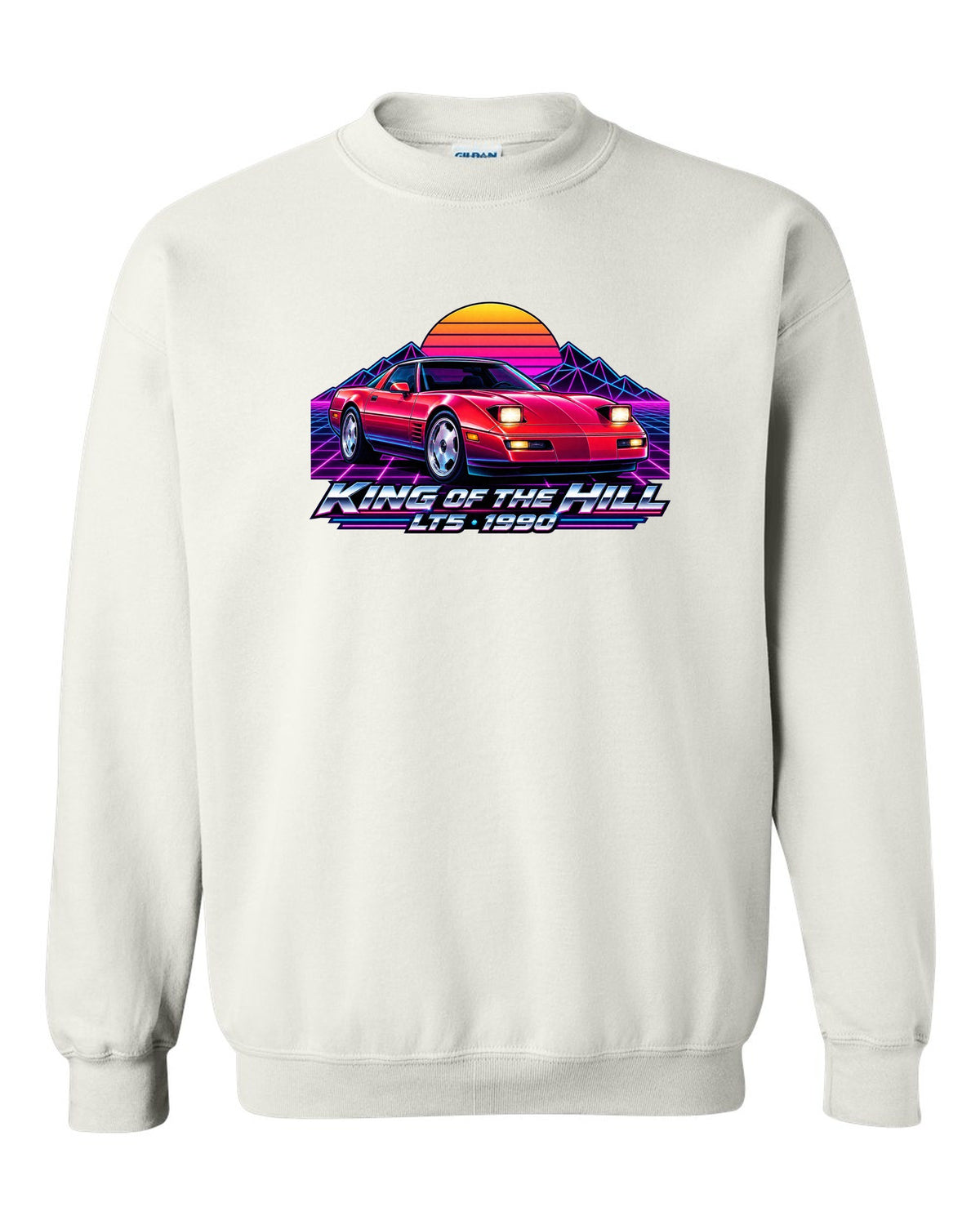 Synthwave neon horizon print of a 1990 Chevrolet Corvette C4 ZR-1 with King of the Hill LT5 lettering white crewneck front view with the design