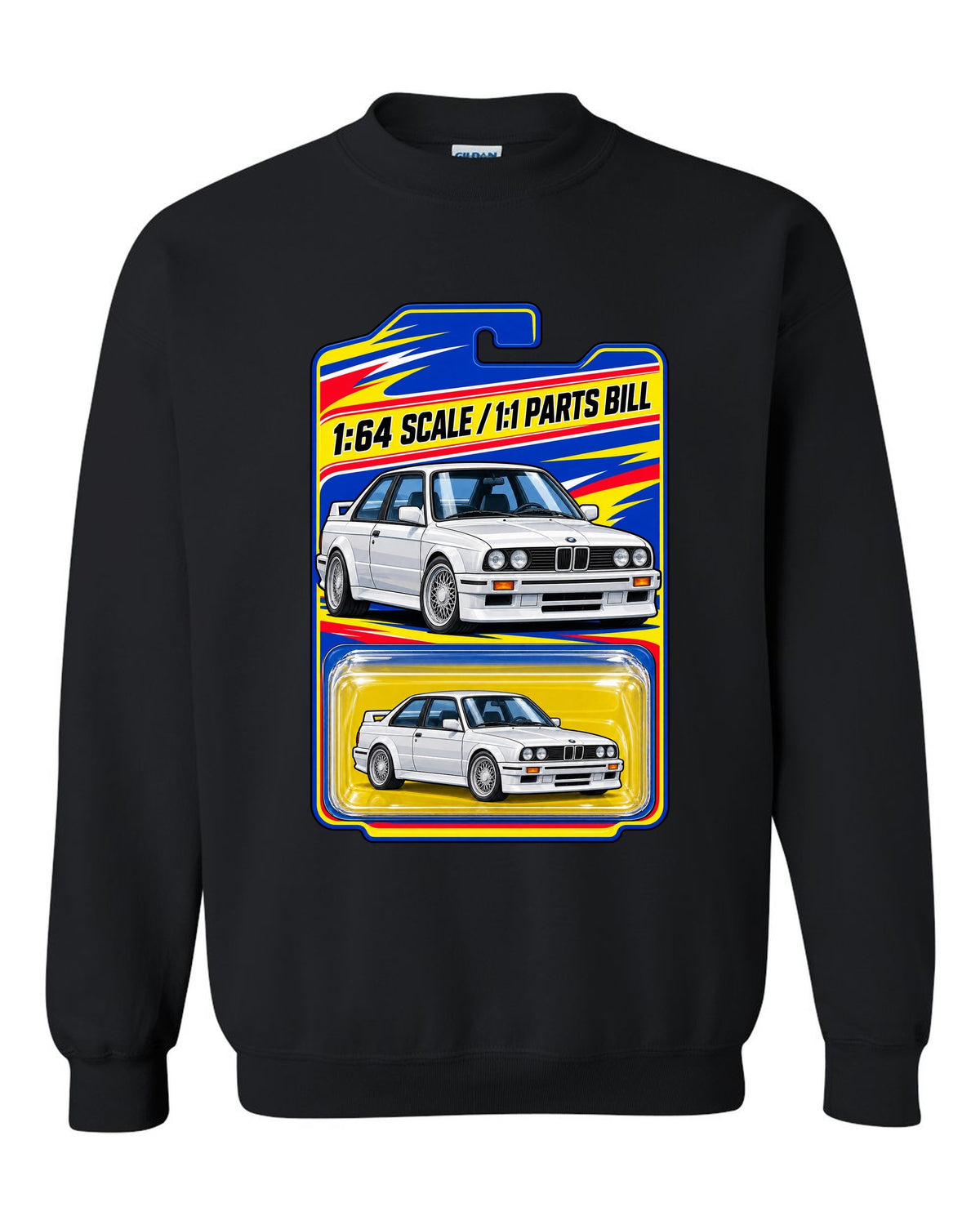 Vaporwave pastel print of a BMW E30 M3 slicktop with roof leaks not included text black crewneck front view with the design