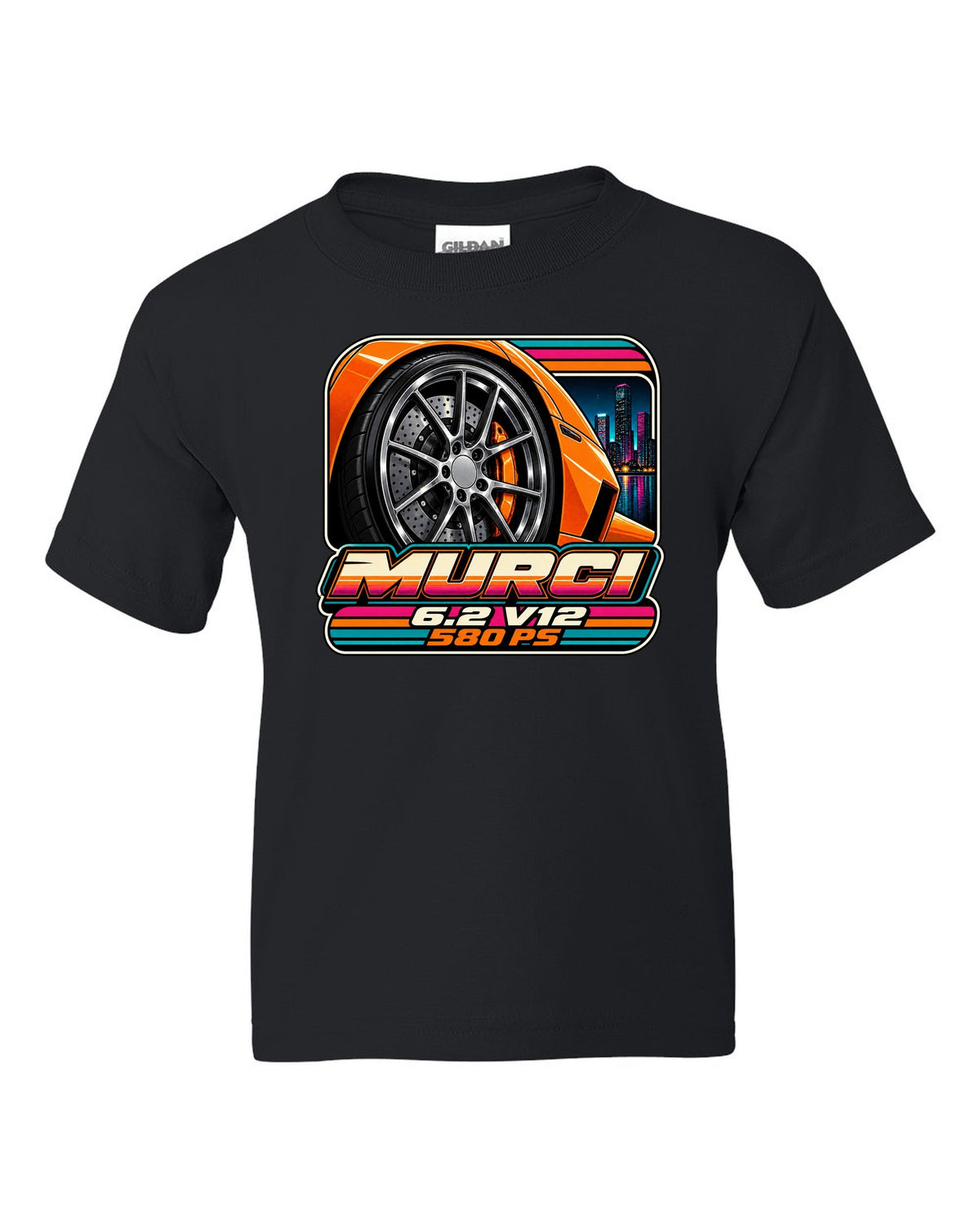 Cassette tape packaging style print of a 2001 Lamborghini Murcielago wheel with 6.2 V12 and 580 PS black kids tee front view with the design