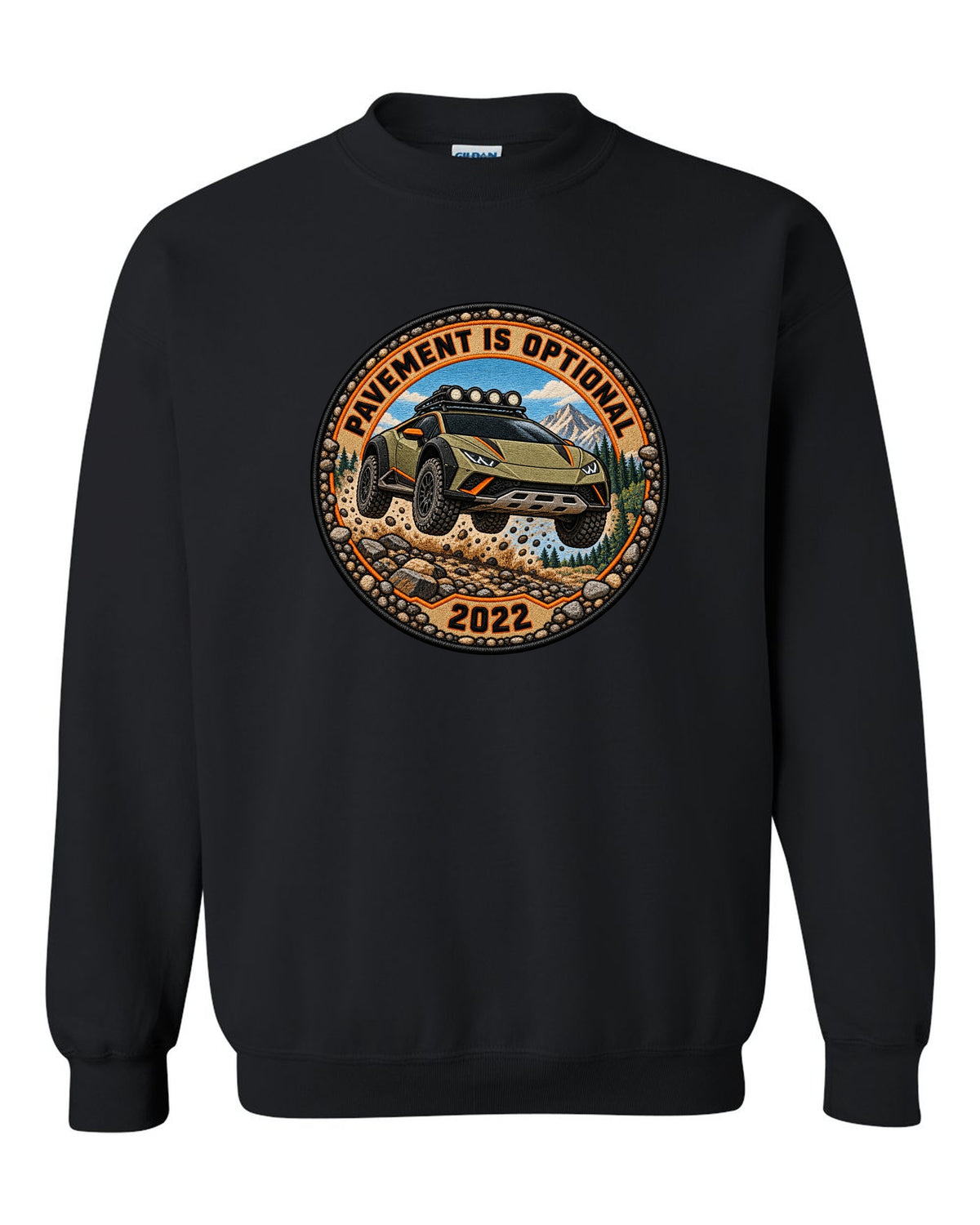 Embroidery-style round crest of a Lamborghini Huracan Sterrato LP610-4 with text PAVEMENT IS OPTIONAL / 2022 black crewneck front view with the design