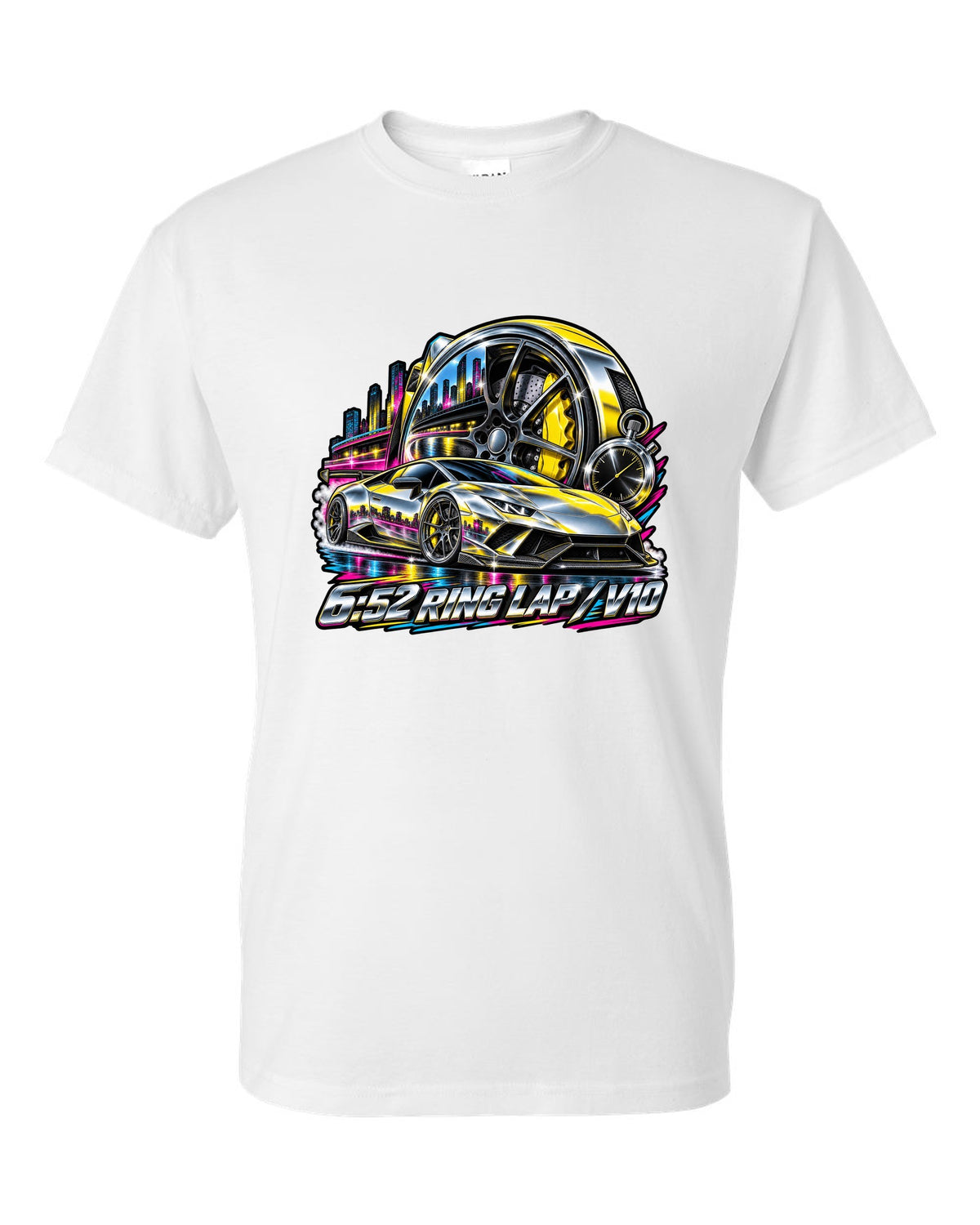 80s airbrush chrome Lamborghini Huracan Performante LP640-4 wheel and caliper with text 6:52 RING LAP / V10 white t-shirt front view with the design