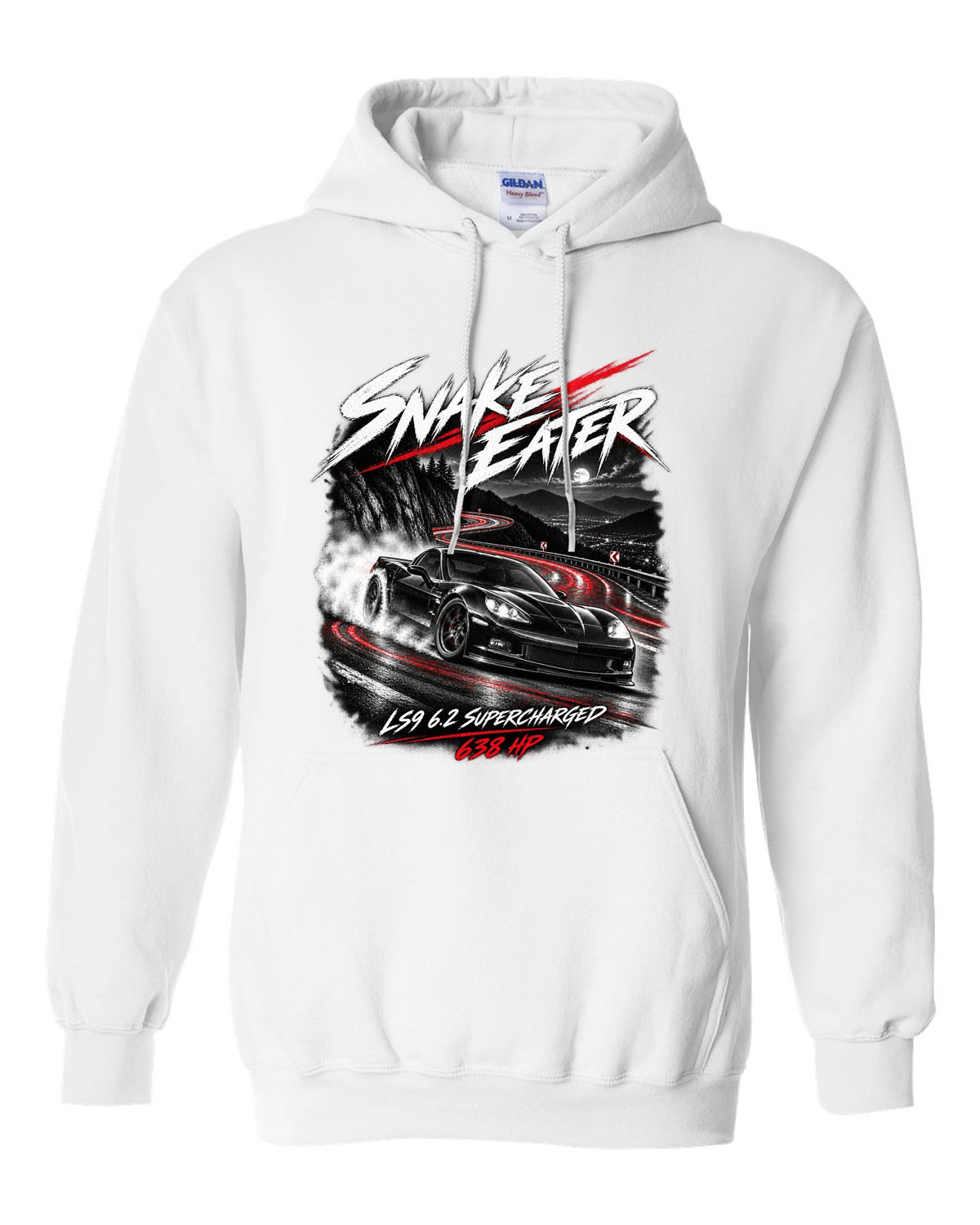 Corvette C6 ZR1 supercharged on a night mountain road white pull over hoodie front view with the design