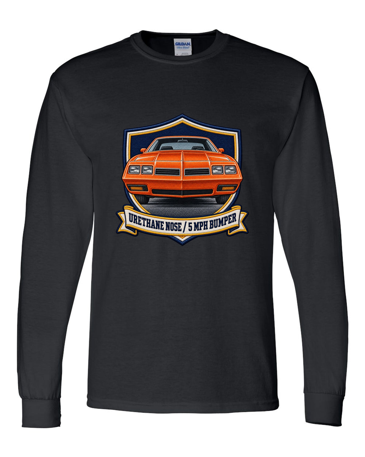 Varsity crest print for a 1973 Chevelle Laguna S-3 with the text Urethane Nose, 5 MPH Bumper black long sleeve front view with the design