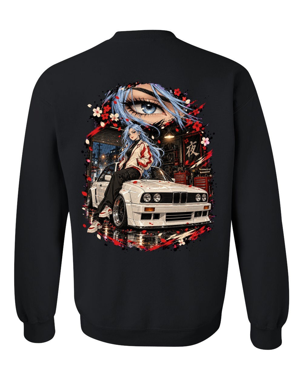 BMW M3 E30 Anime Girl Crewneck Black back