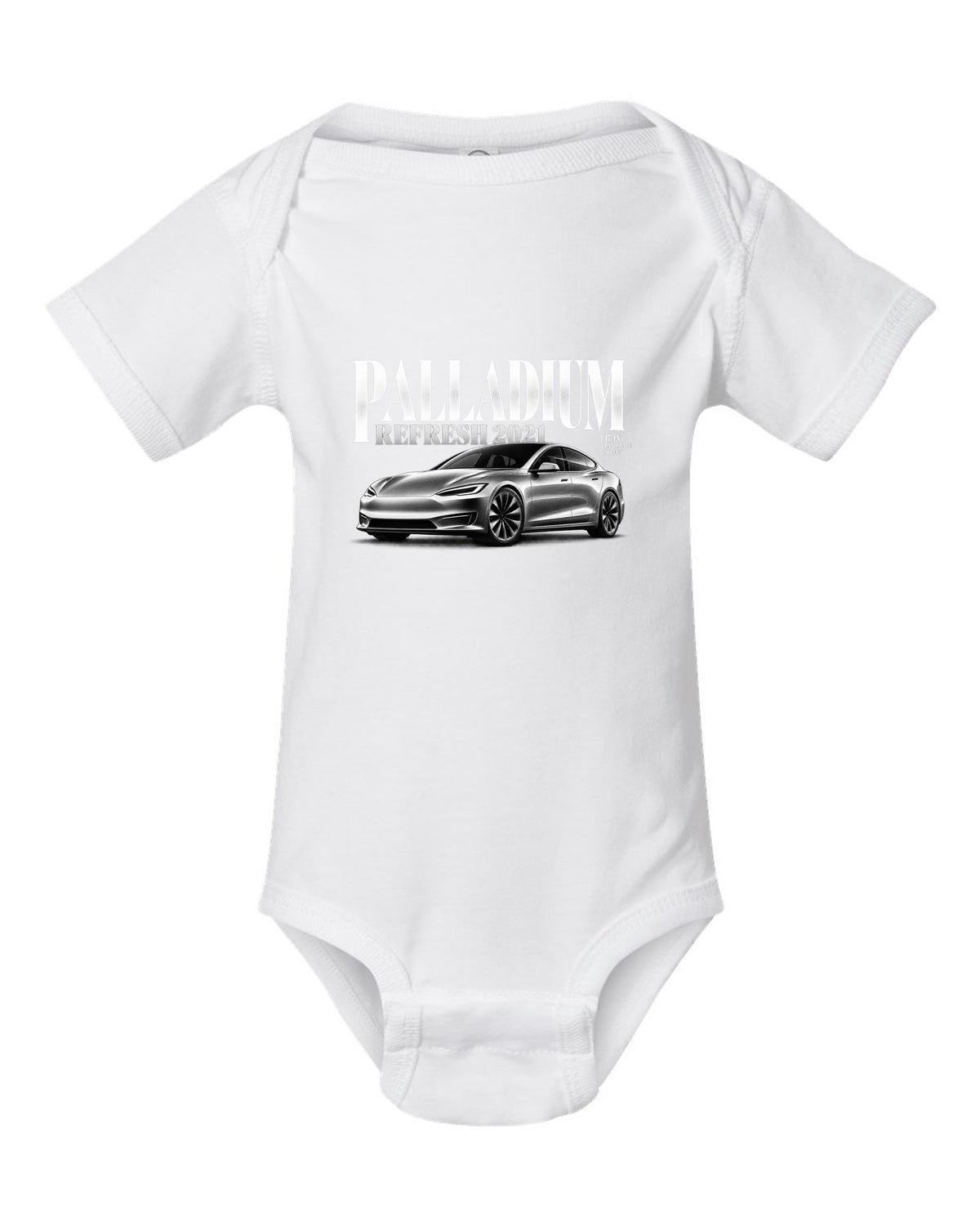 Editorial headline print of a Tesla Model S Palladium 2021 front three-quarter view white baby onesie front view with the design