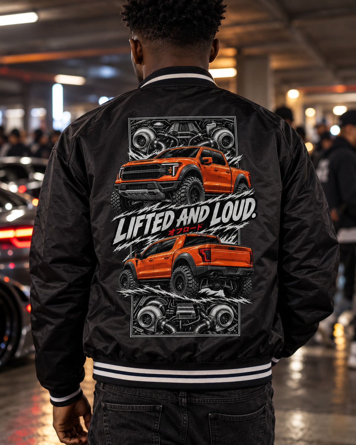 Ford F-150 Raptor Torn Poster Full-Back Graphic Tee Bomber Jacket Black worn hero