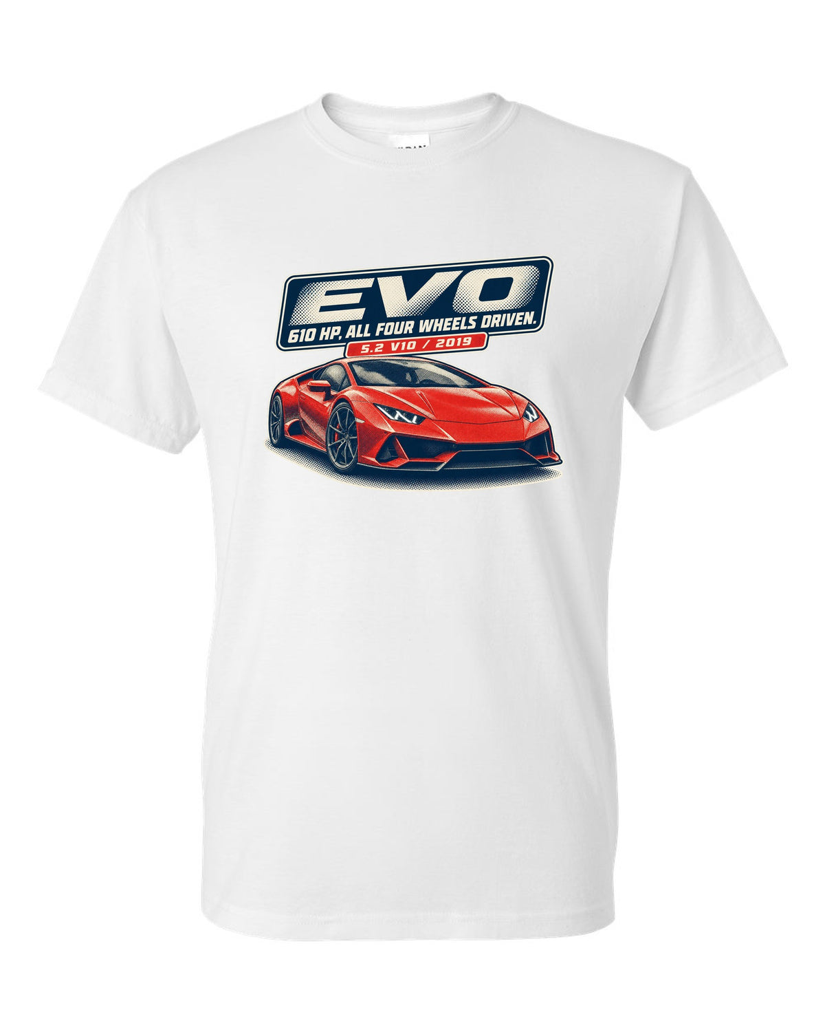 Halftone print of the Lamborghini Huracan EVO white t-shirt front view with the design