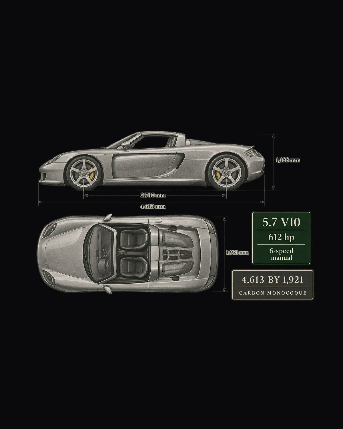 Porsche Carrera GT Top View Blueprint Tee, Carbon Monocoque design only