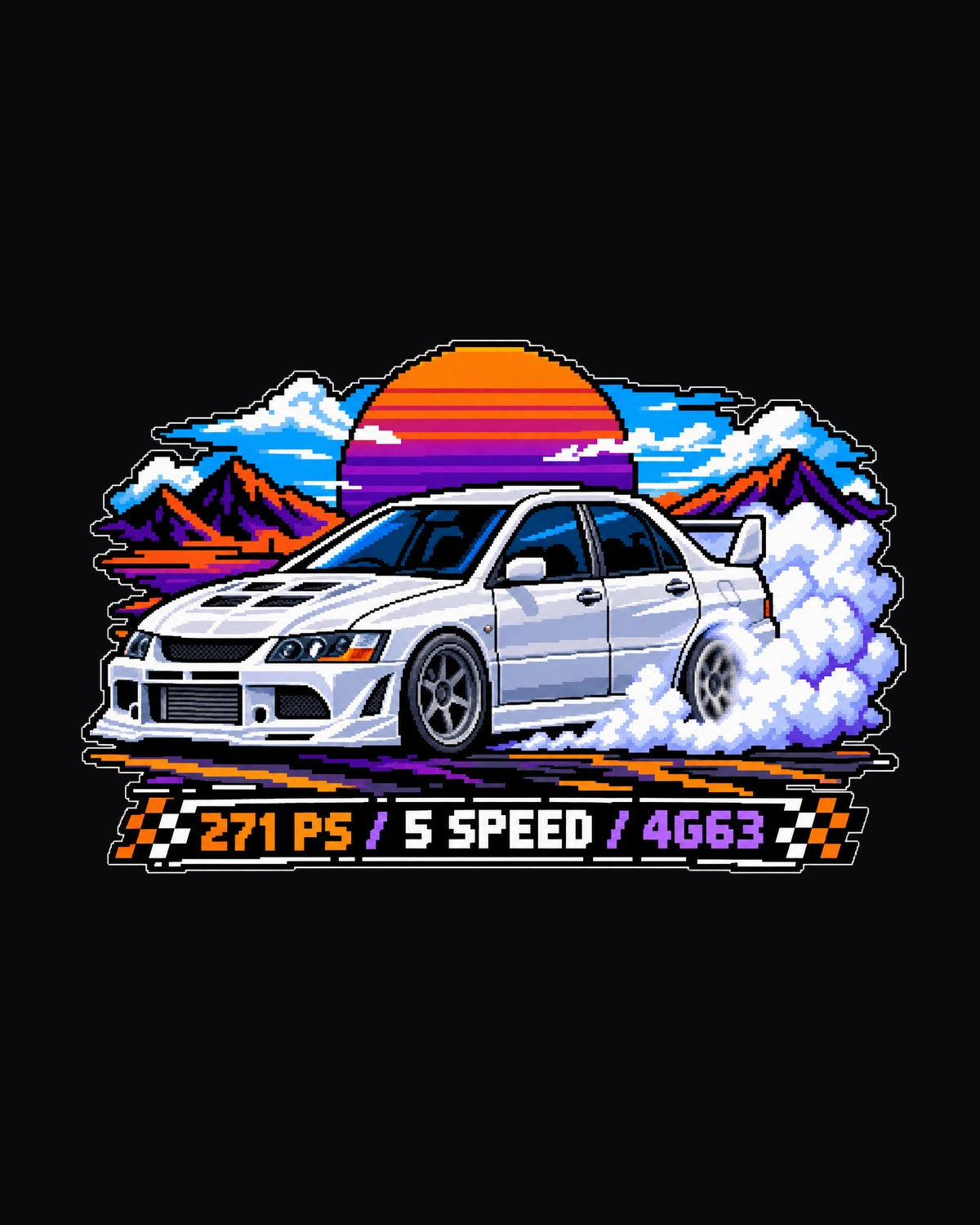 Evo VIII CT9A 8-Bit Pixel Art Burnout Shirt, 4G63 Car Tee design only