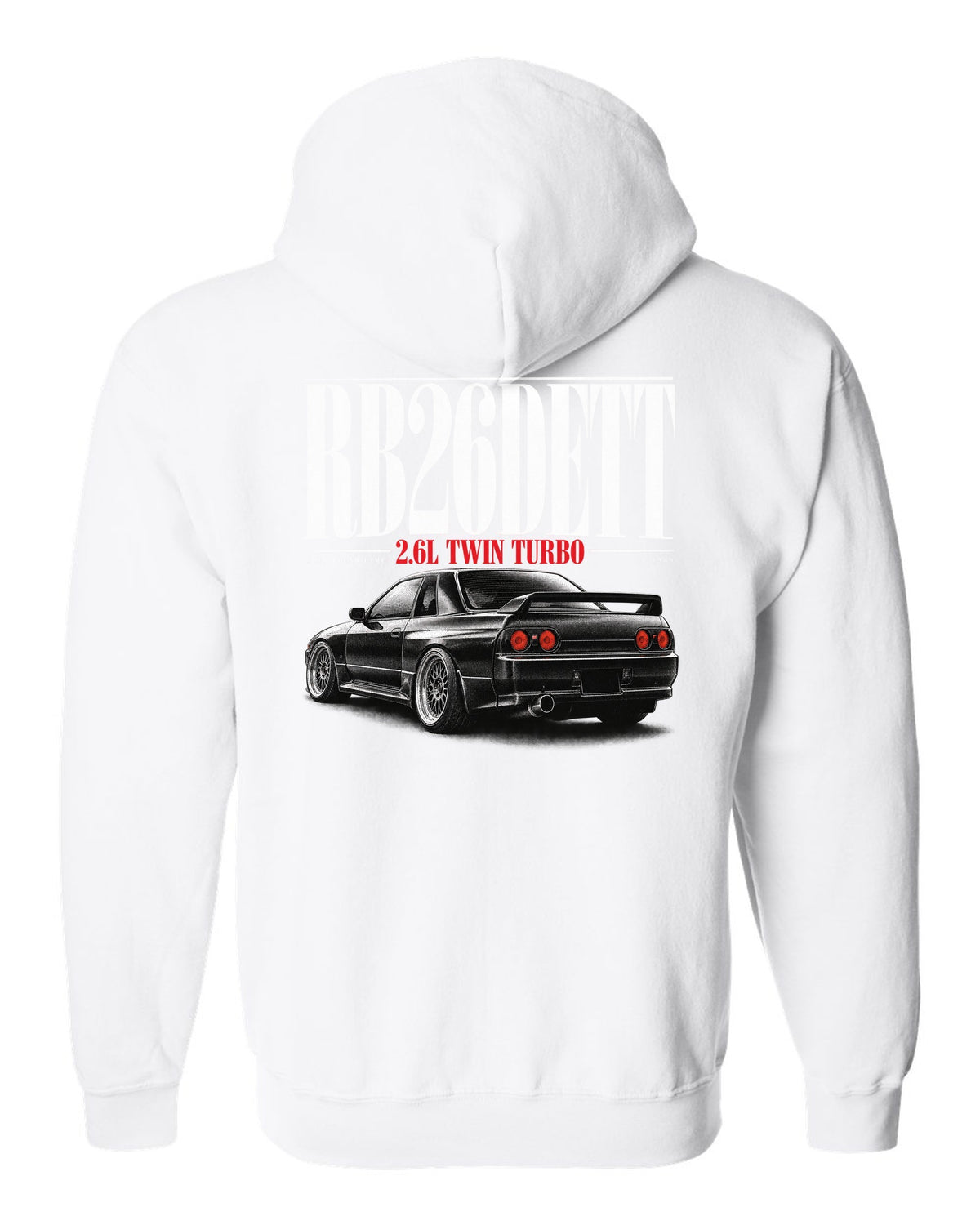 Editorial headline print of a Nissan Skyline GT-R R32 BNR32 with RB26DETT text white zip hoodie back view with the design