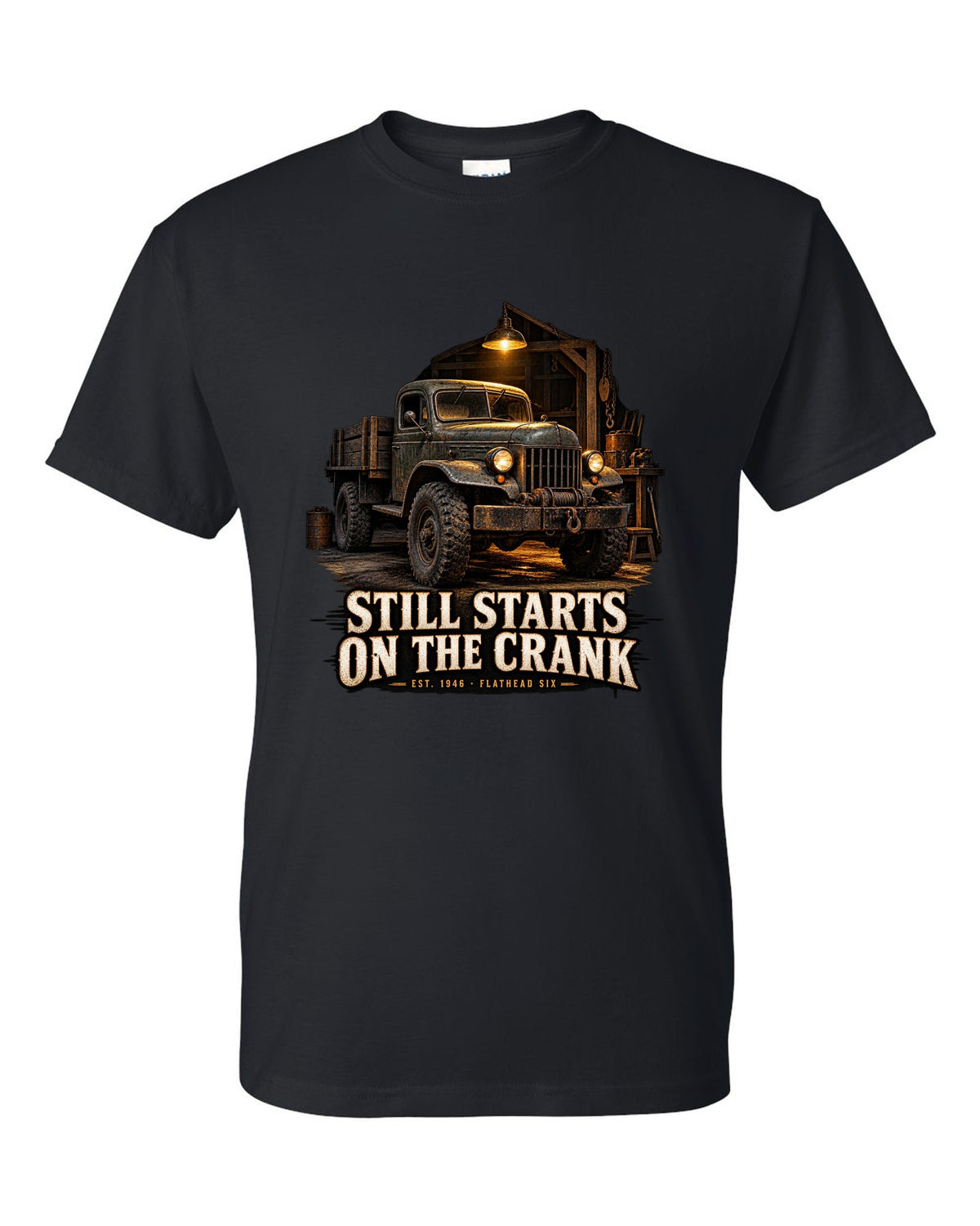Garage night print of a 1946-1960s Dodge Power Wagon flat fender with starts on the crank text black t-shirt front view with the design