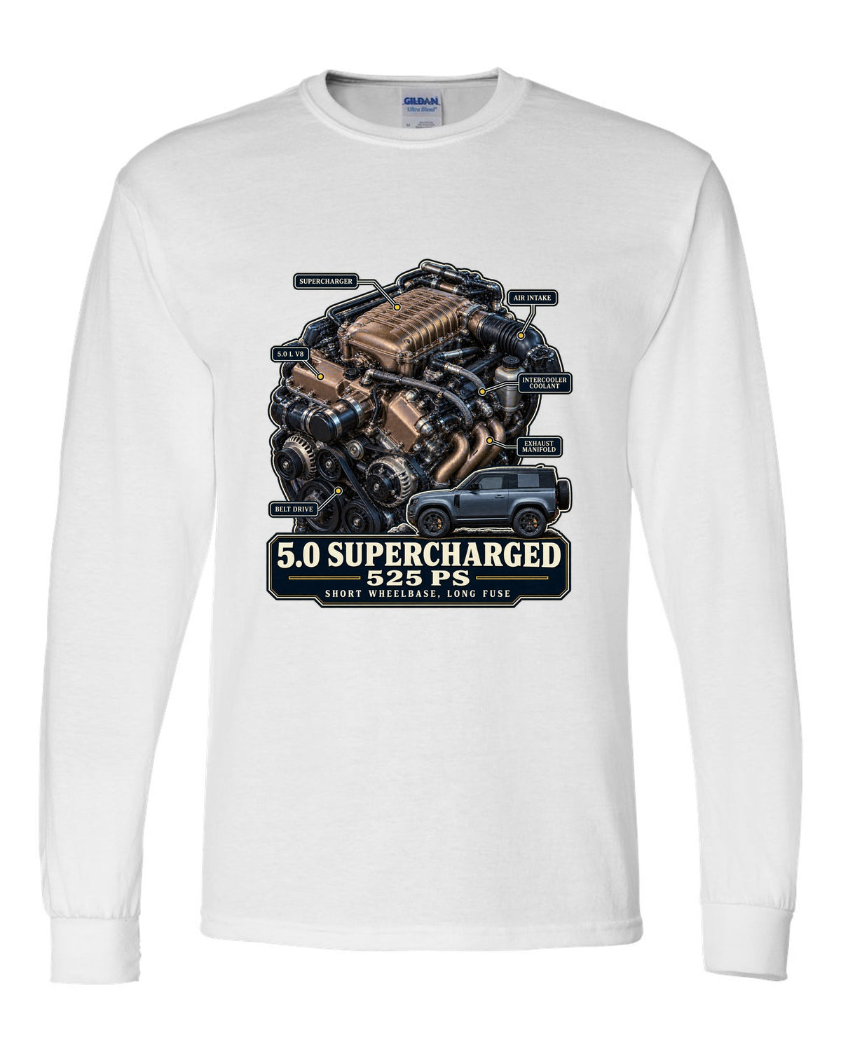Engine hero print of the Land Rover Defender 90 V8 5.0 supercharged L663 white long sleeve front view with the design