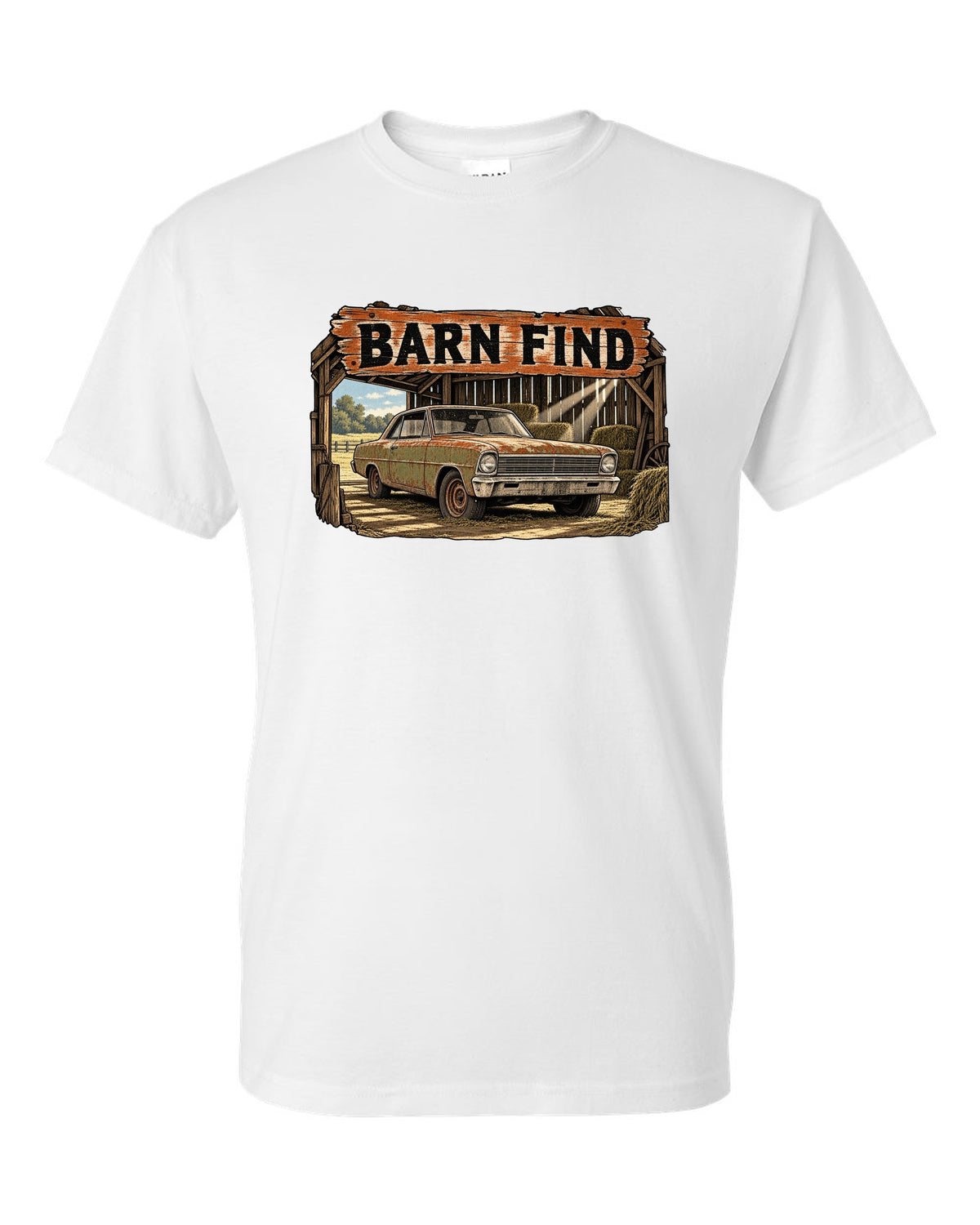 Retro manga halftone print of a 1966 Chevrolet Nova Chevy II with the text Barn Find white t-shirt front view with the design