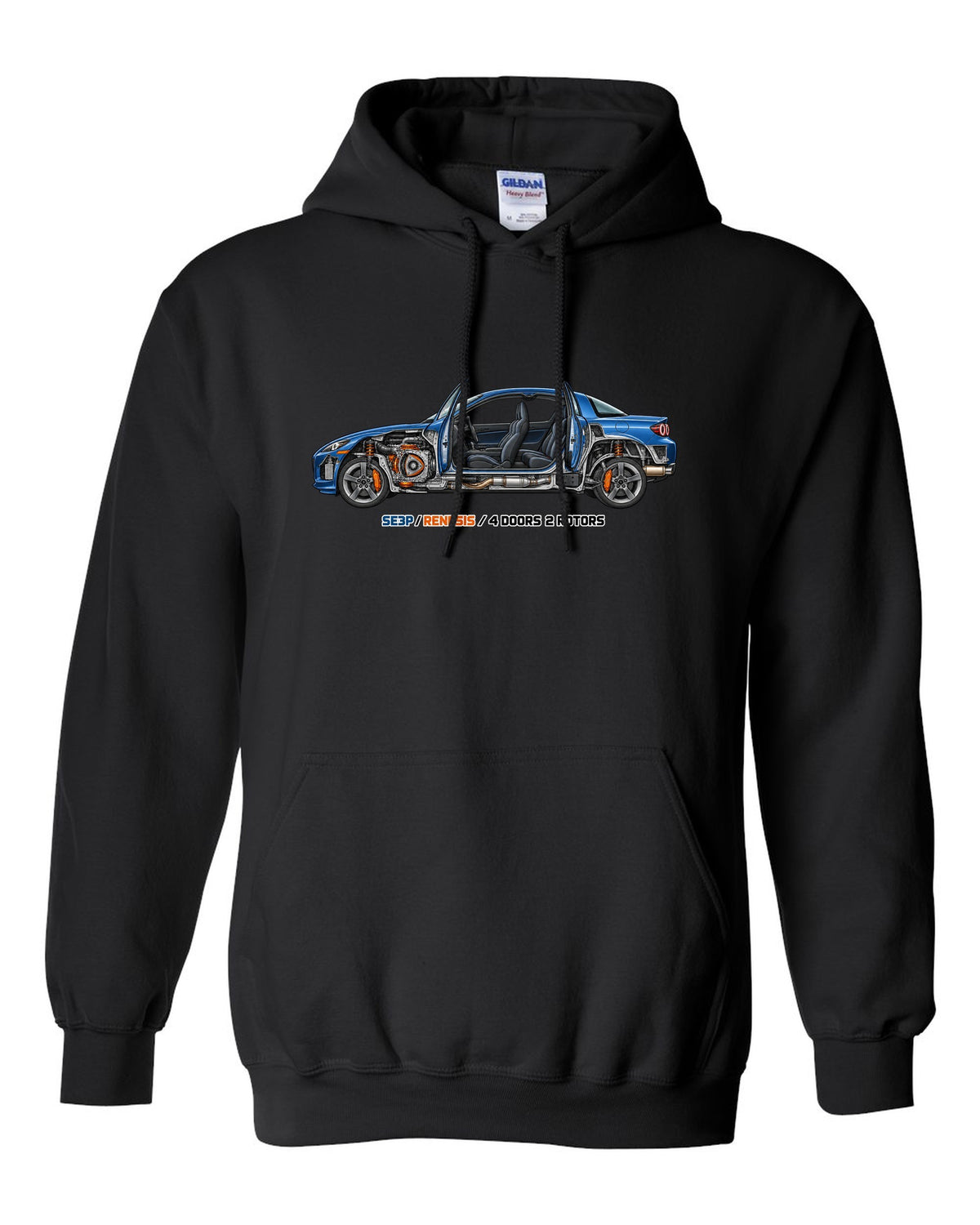 Technical cutaway illustration of the Mazda RX-8 SE3P with RENESIS and 4 DOORS 2 ROTORS lettering black pull over hoodie front view with the design