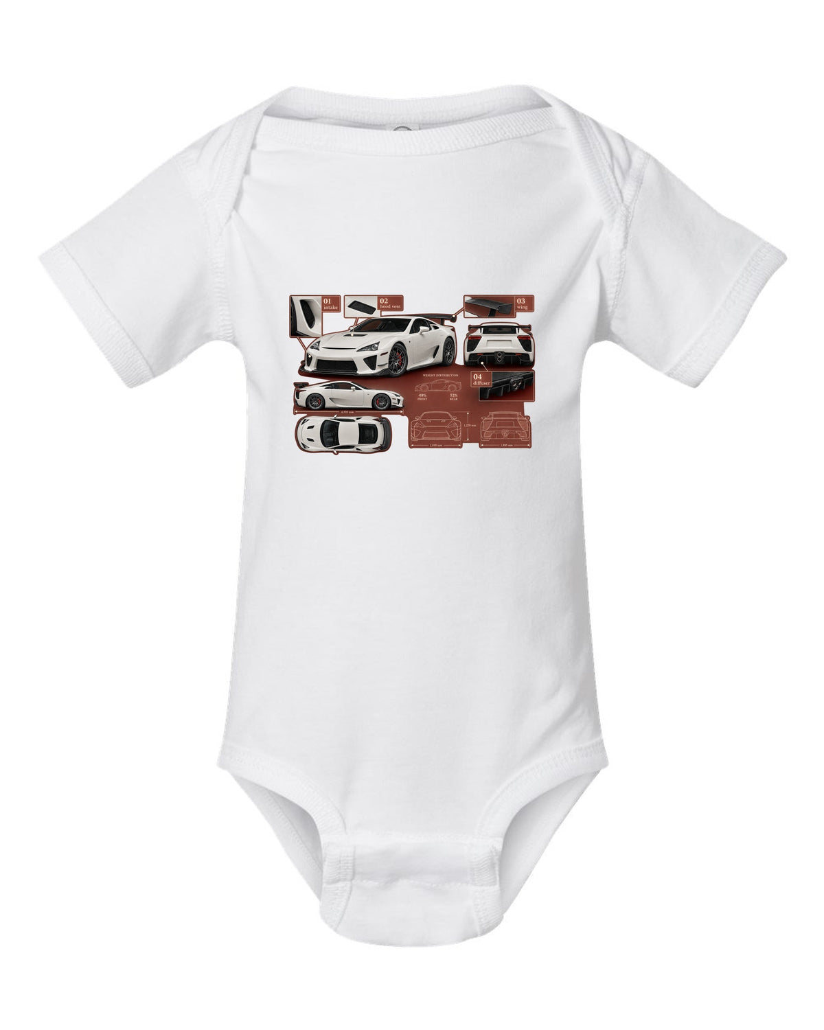 Aero callout diagram of the 2020 Lexus RC F Track Edition white baby onesie front view with the design
