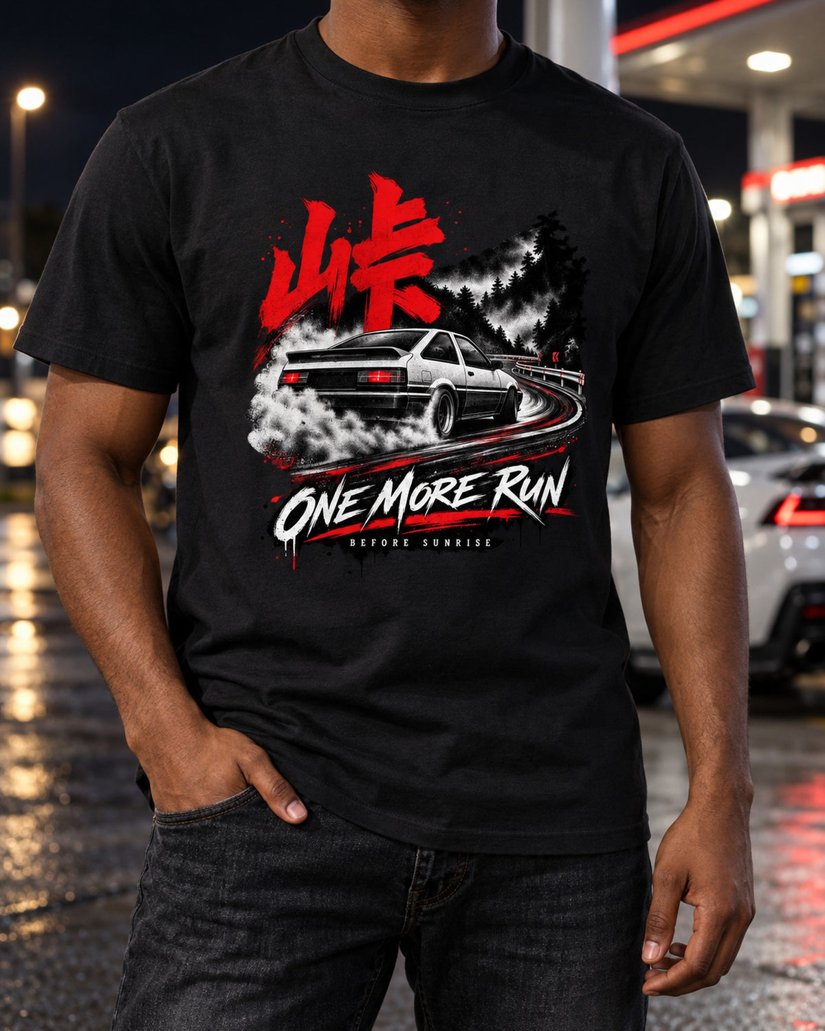 Toyota AE86 Corolla Levin Touge Shirt, One More Run print T-Shirt Black worn hero
