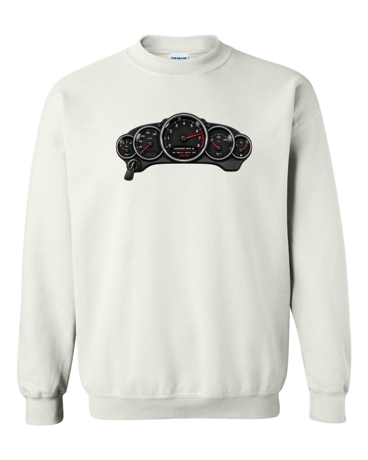 Cockpit gauge print of a Porsche 911 Carrera (996) with the caption Cheapest Way In and 7,300 rpm white crewneck front view with the design