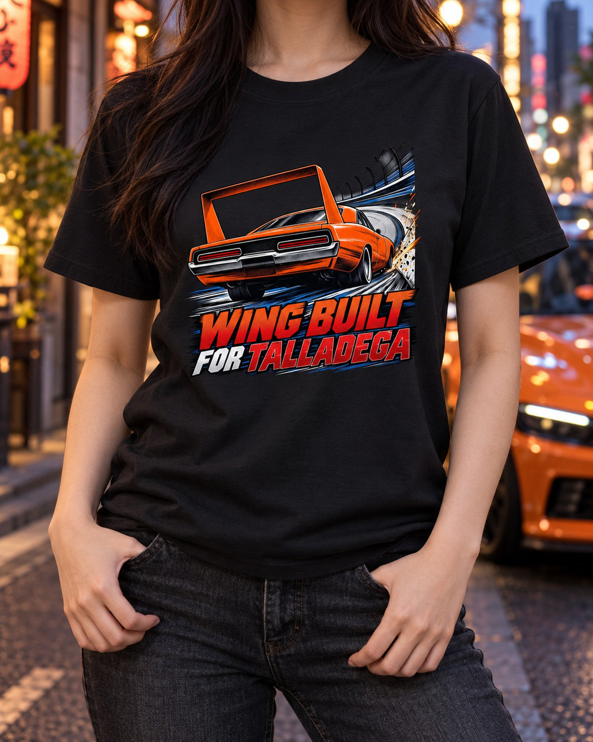 1969 Charger Daytona Wing Manga Halftone Tee, Talladega T-Shirt Black worn hero