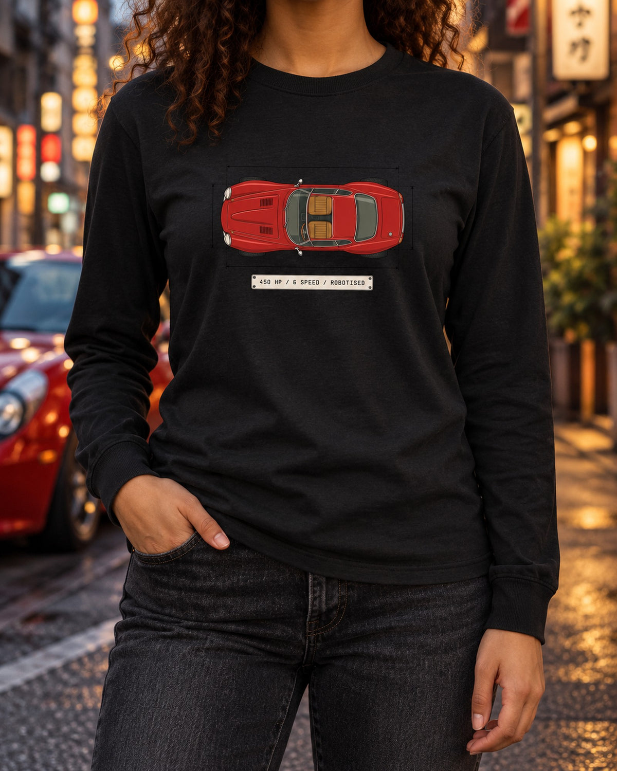 Alfa Romeo 8C Competizione Spec Sheet Tee, Robotised Gearbox Long Sleeve Black worn hero