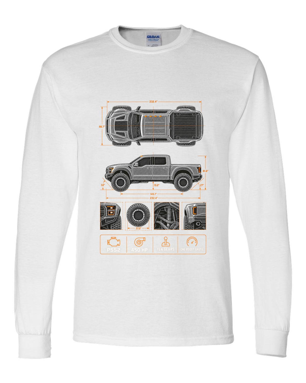 Ford F-150 Raptor Gen 2 P552 spec poster print with 450 HP and ten gears white long sleeve front view with the design