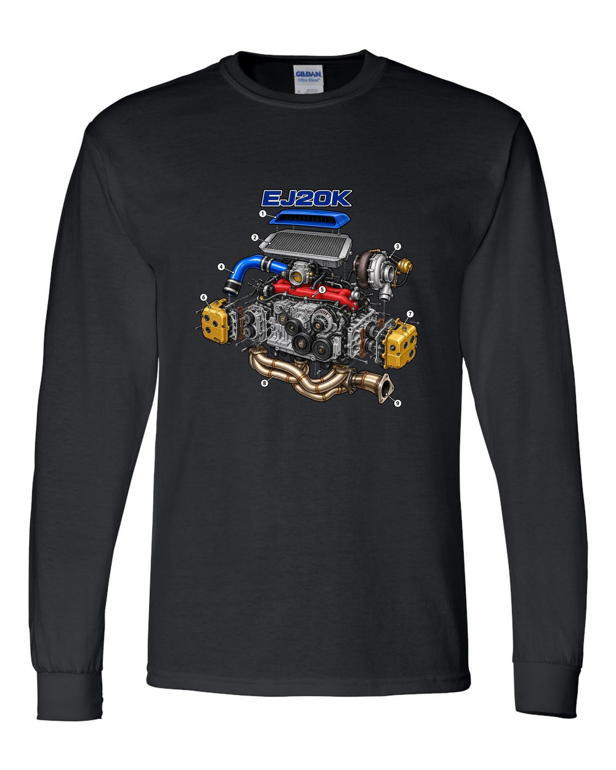 Subaru Impreza WRX GC8 EJ20K boxer engine in an exploded cutaway diagram black long sleeve front view with the design