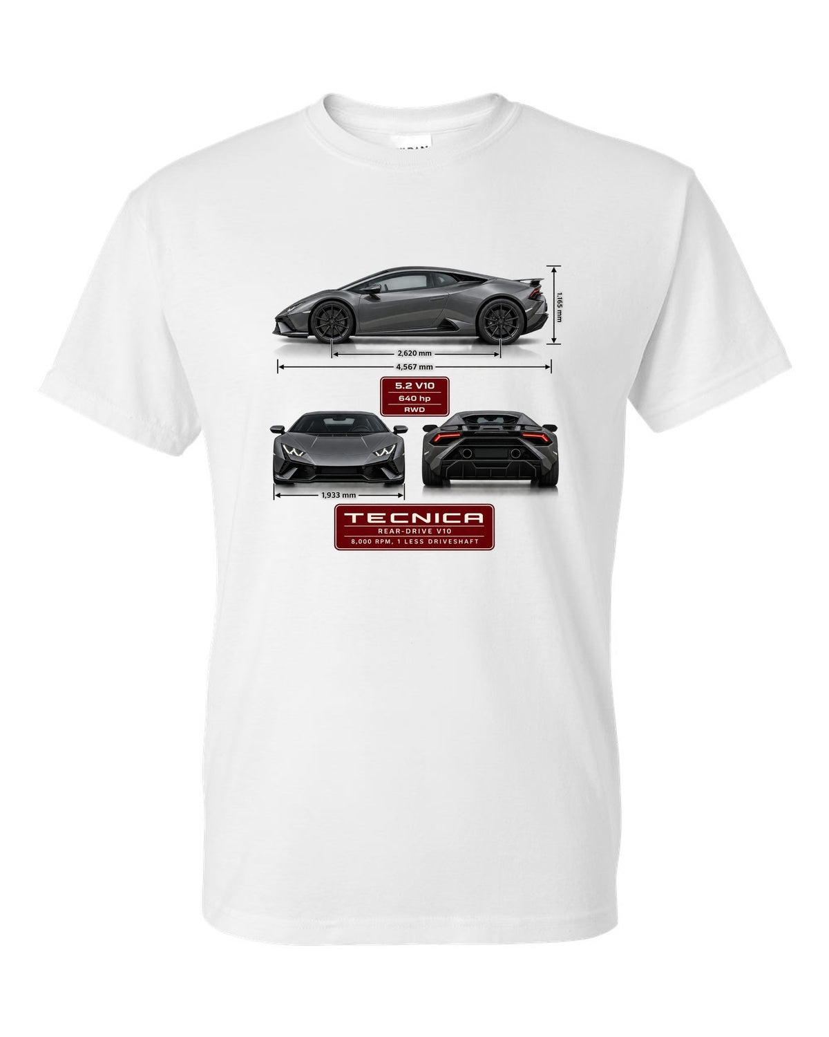 Three-view spec table print of the Lamborghini Huracan Tecnica white t-shirt front view with the design