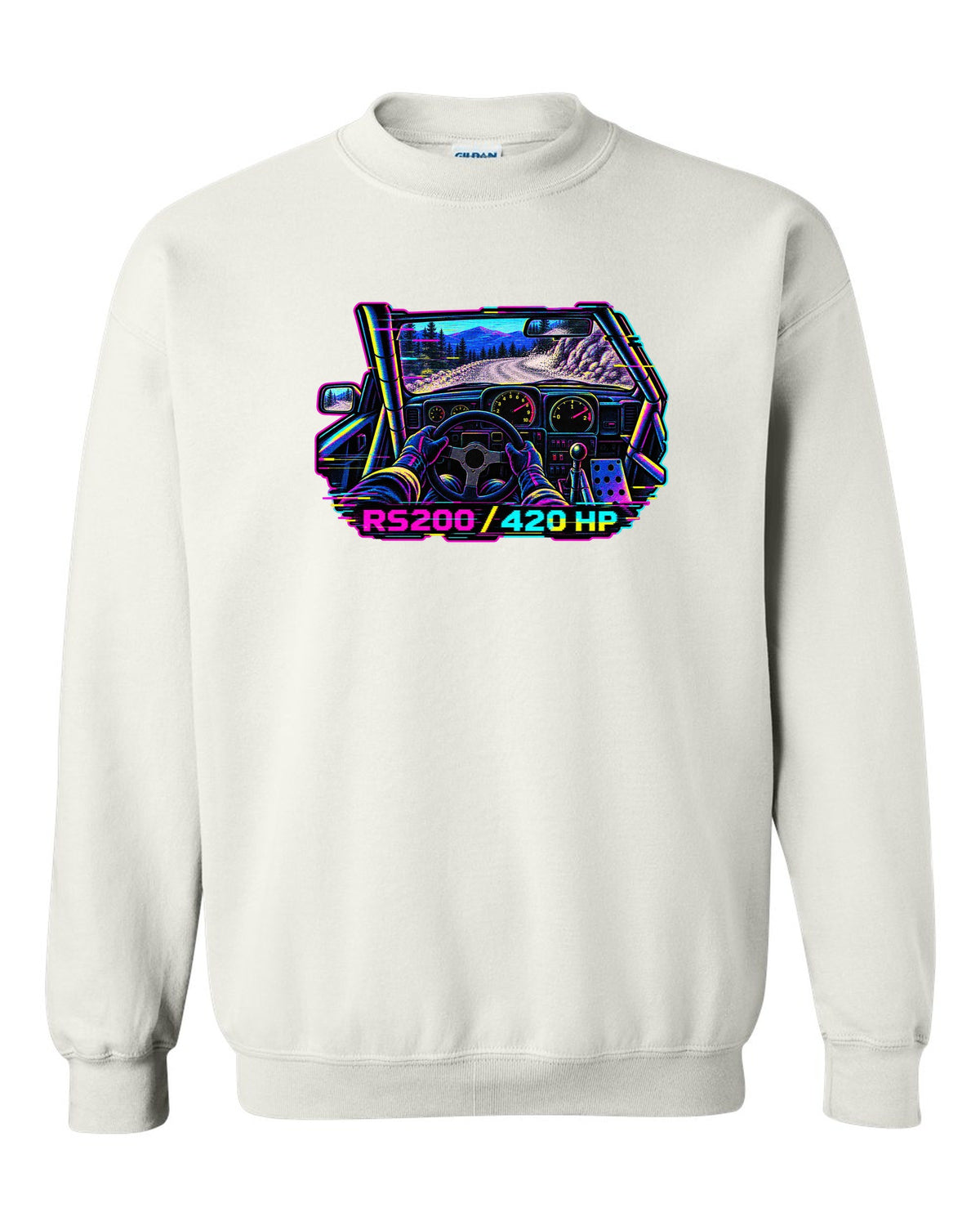 VHS glitch style Ford RS200 cockpit print with 420 hp lettering white crewneck front view with the design