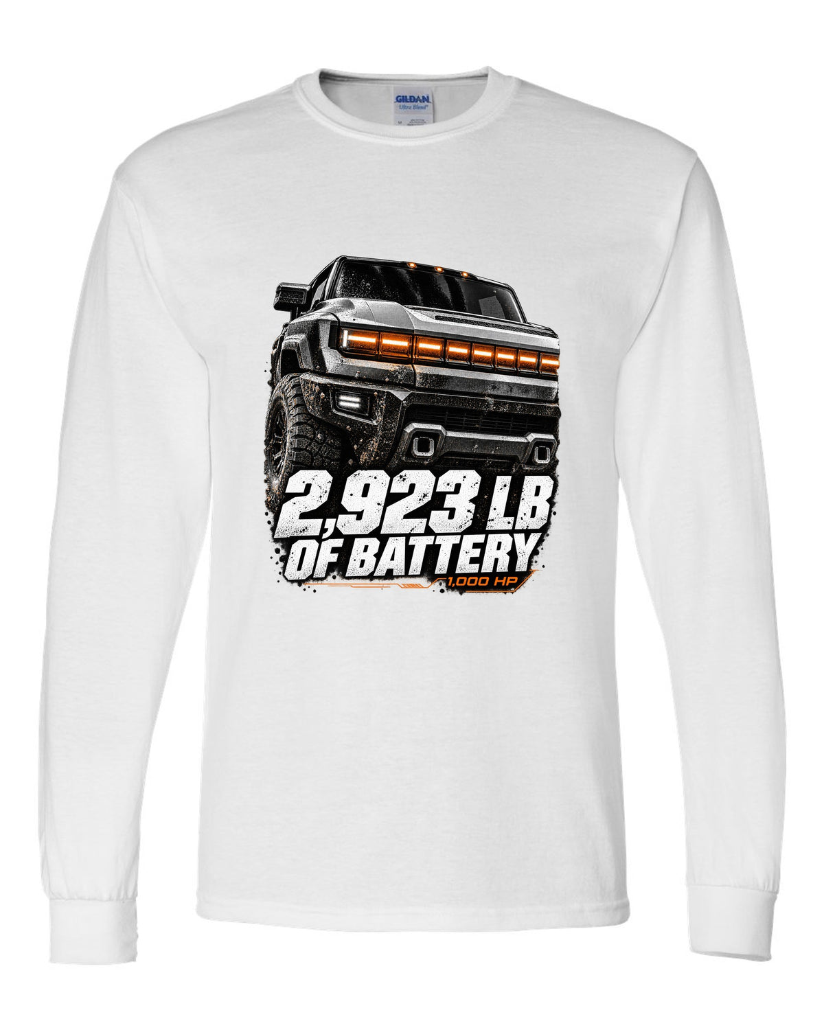 GMC Hummer EV pickup lit front panel macro with battery weight text white long sleeve front view with the design