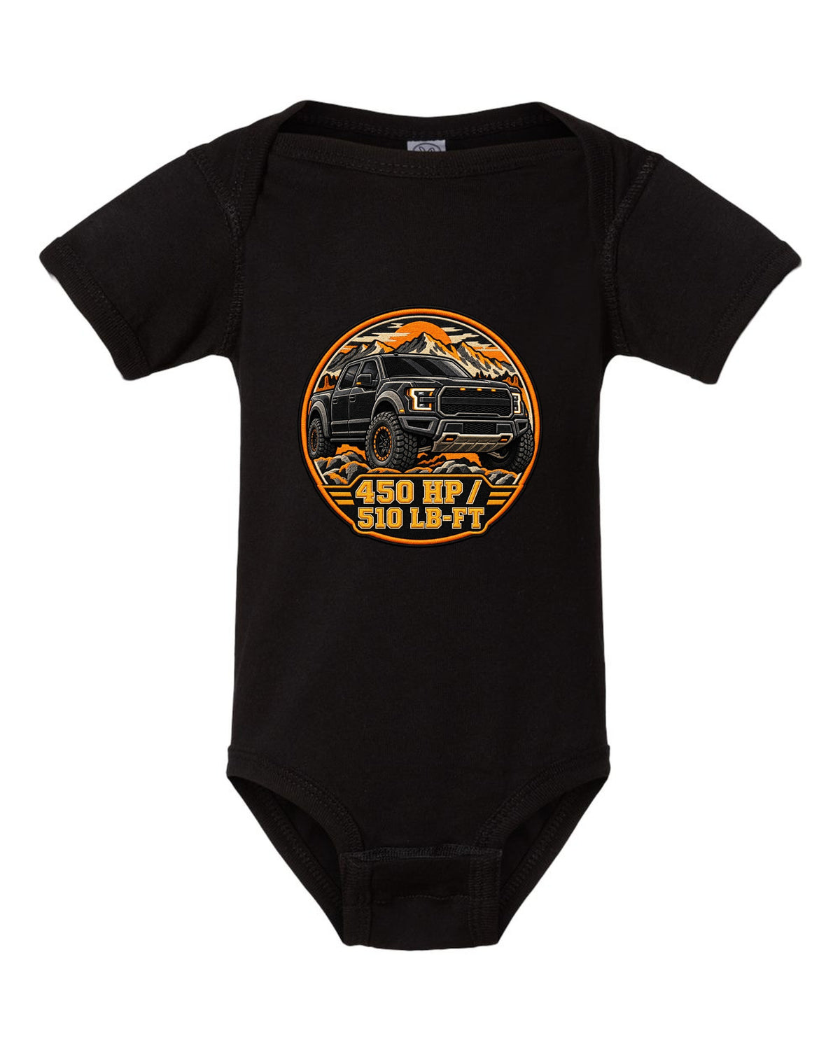 Varsity crest print for a 2017-20 Gen 2 Ford F-150 Raptor P552 with 450 hp text black baby onesie front view with the design