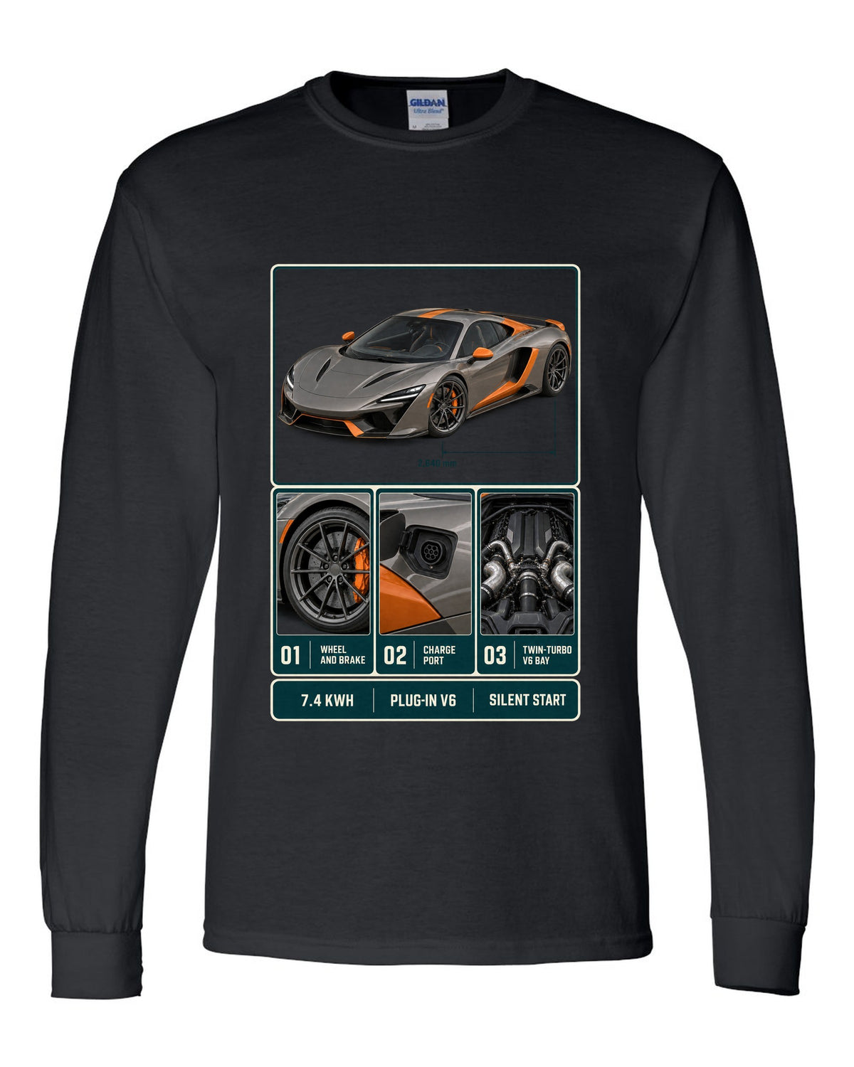McLaren Artura dossier panel print with 7.4 kWh, plug-in V6 and silent start black long sleeve front view with the design
