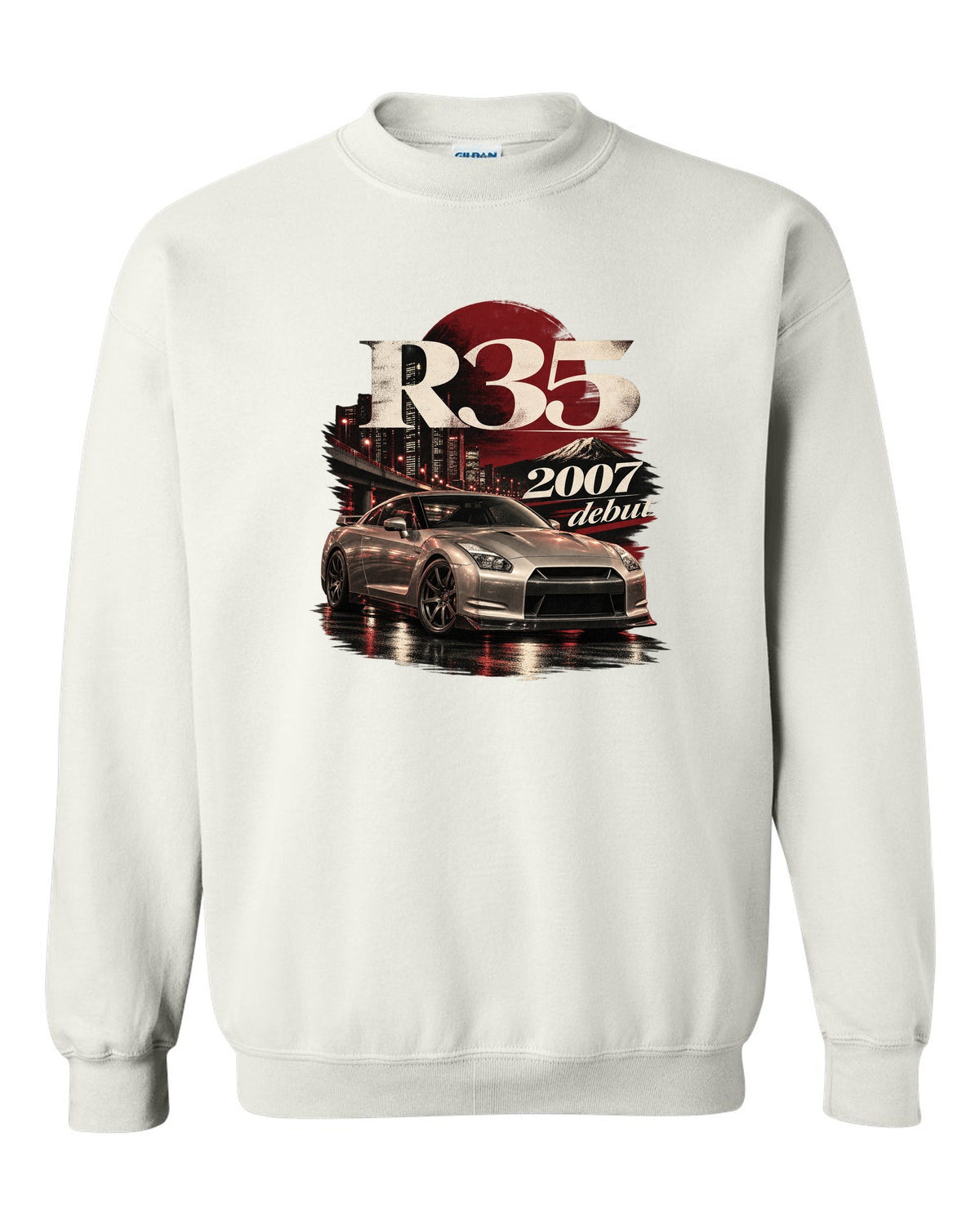 Nissan GT-R R35 2007 debut shape in warm silver on an archive panel white crewneck front view with the design