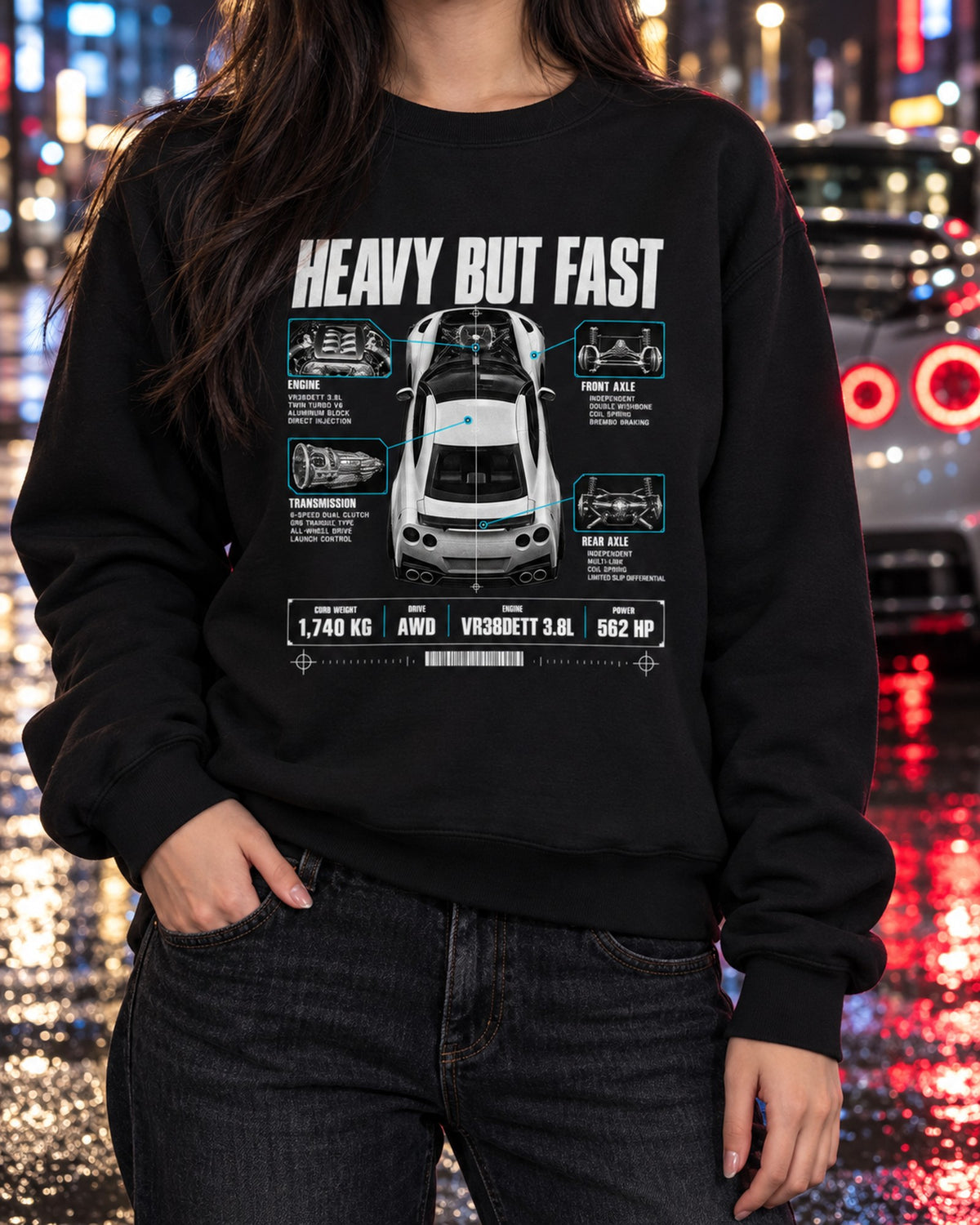 Nissan GT-R R35 Heavy But Fast Spec Poster Tee, VR38DETT Crewneck Black worn hero