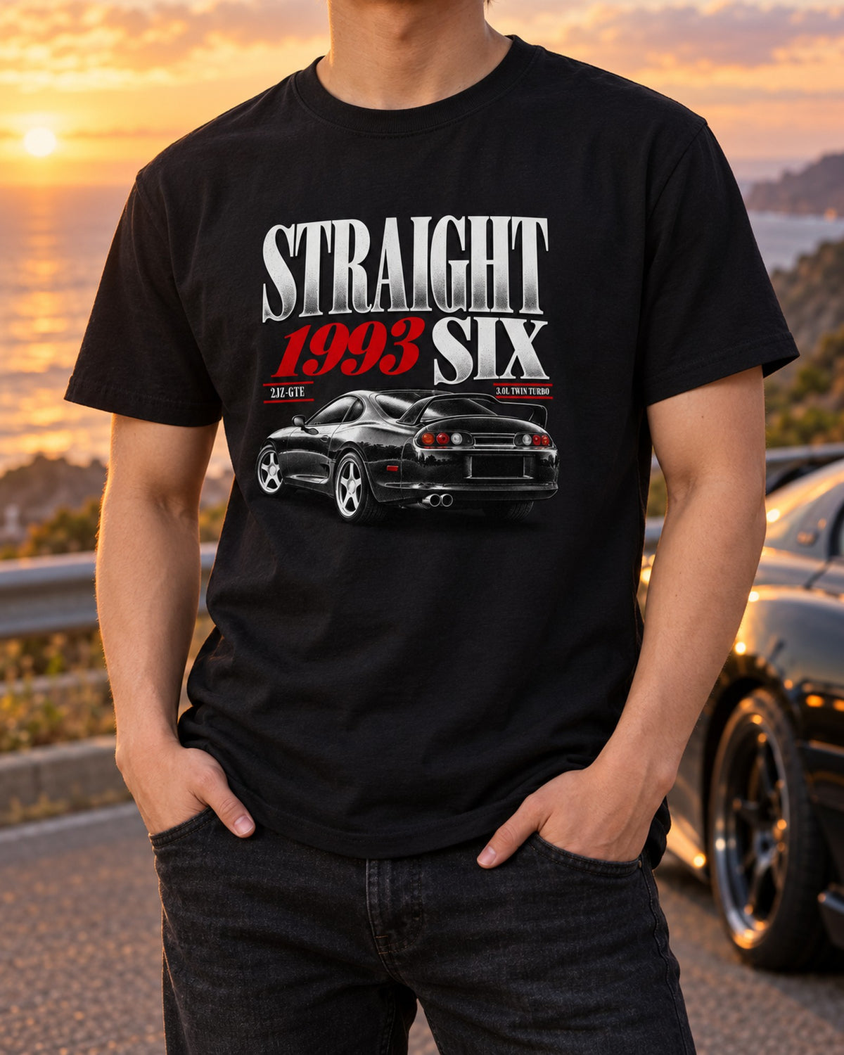 Straight Six Editorial Tee for the Toyota Supra A80 JZA80 T-Shirt Black worn hero