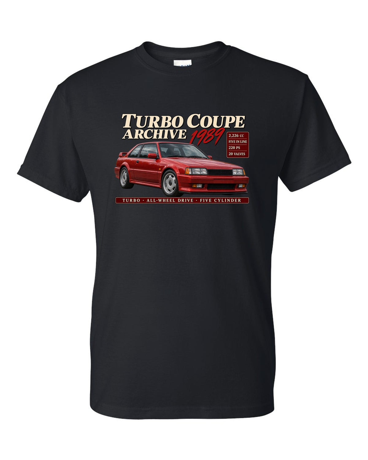 Audi Ur-Quattro 20V 1989 front three-quarter in archive panel with 2,226 cc text black t-shirt front view with the design