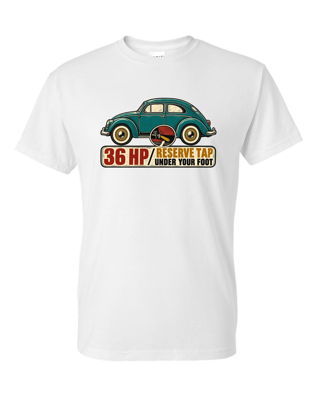Multi-colour linocut of a 1955 oval-window VW Beetle with reserve tap lettering white t-shirt front view with the design