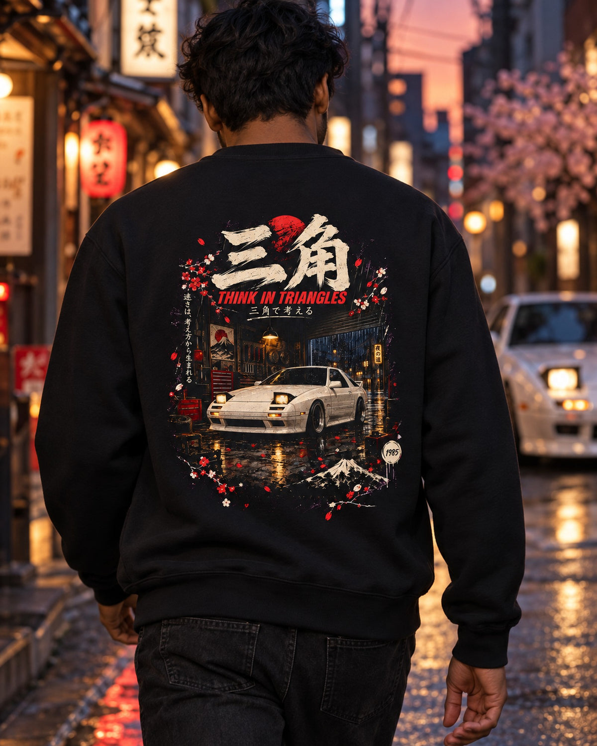 Mazda RX-7 FC Think In Triangles Shirt, Hoodie & More Crewneck Black worn hero