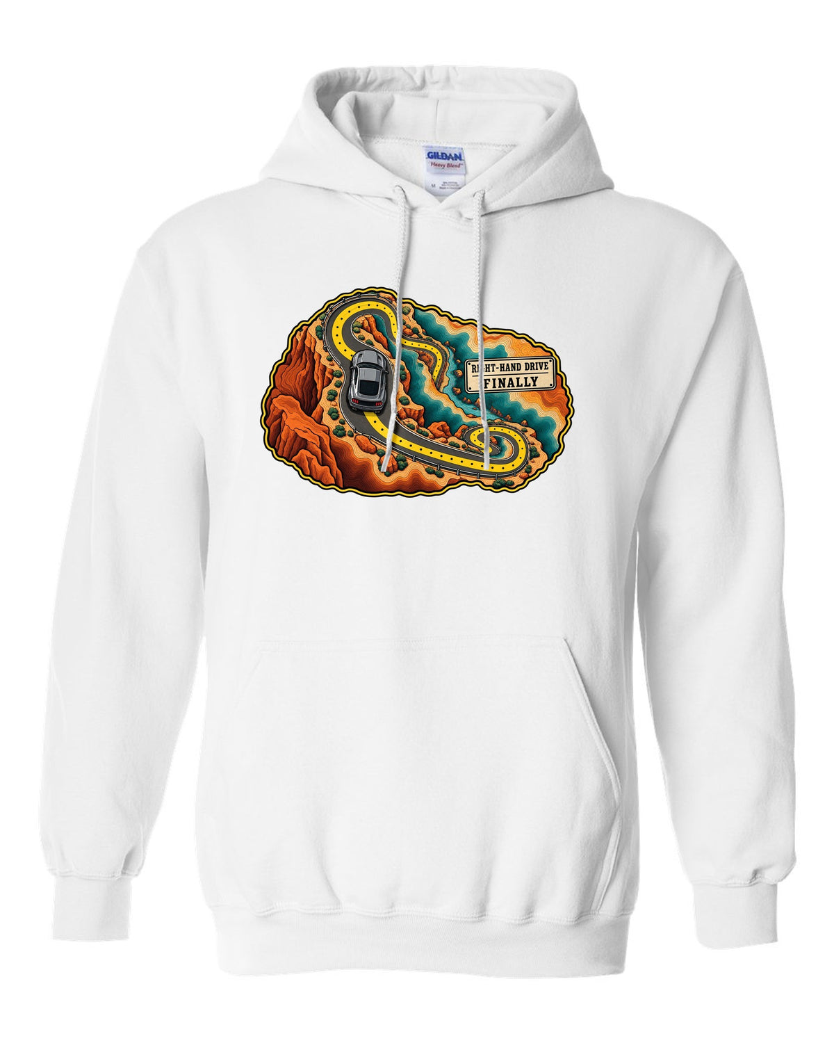 Topographic canyon route map with an S550 Ford Mustang fastback white pull over hoodie front view with the design