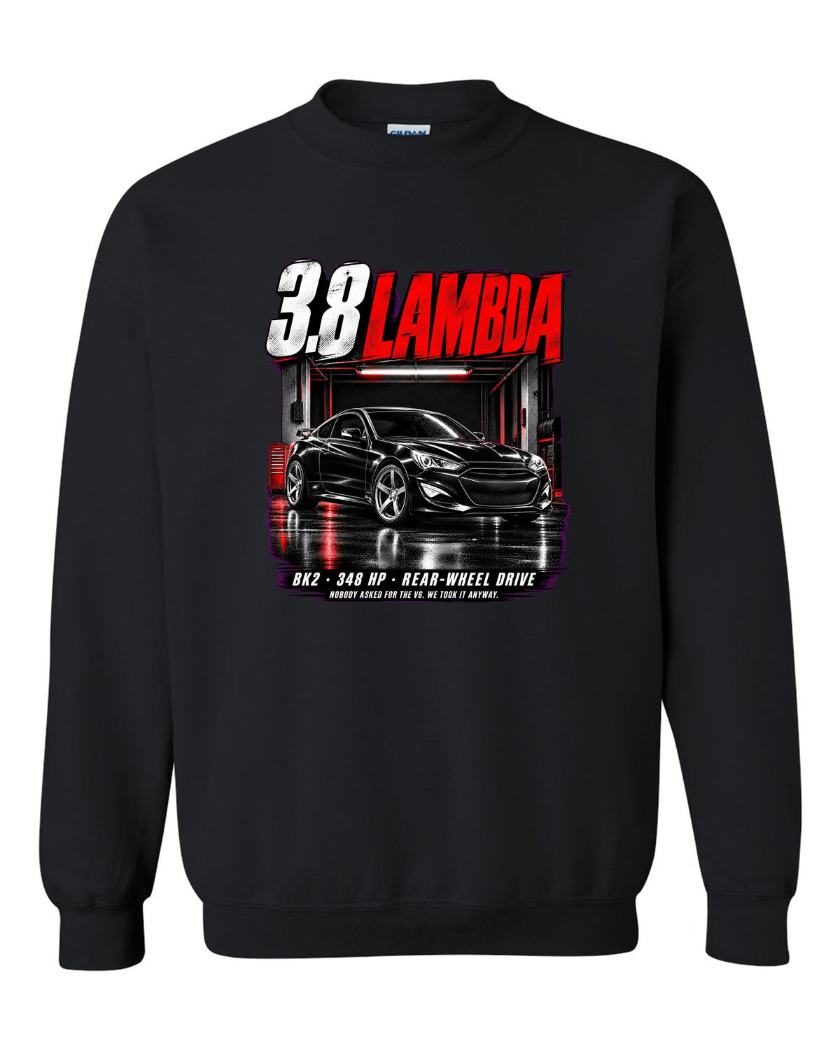 Hyundai Genesis Coupe BK2 3.8 Track in a garage at night with spec text black crewneck front view with the design