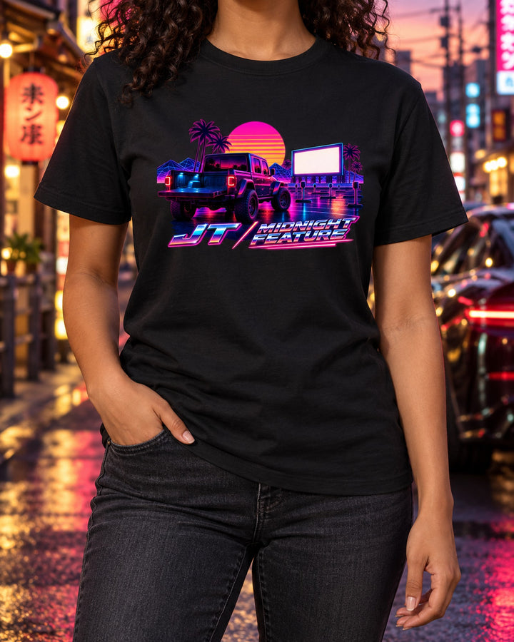 Jeep Gladiator JT Midnight Feature Neon Synthwave Shirt T-Shirt Black worn hero